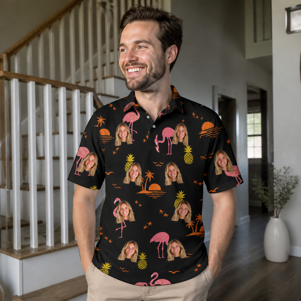 Real-life photo of someone wearing Men's Flocktail Hour Custom Face Polo Shirt — custom faces printed all-over