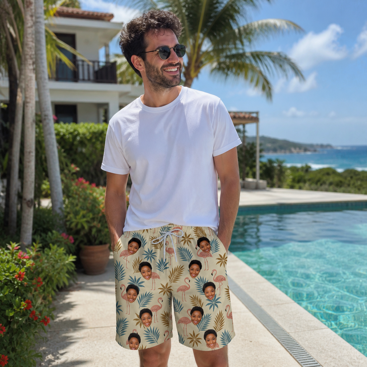 Real-life photo of someone wearing Men's Flamboyance Dance Custom Face Beach Shorts — custom faces printed all-over