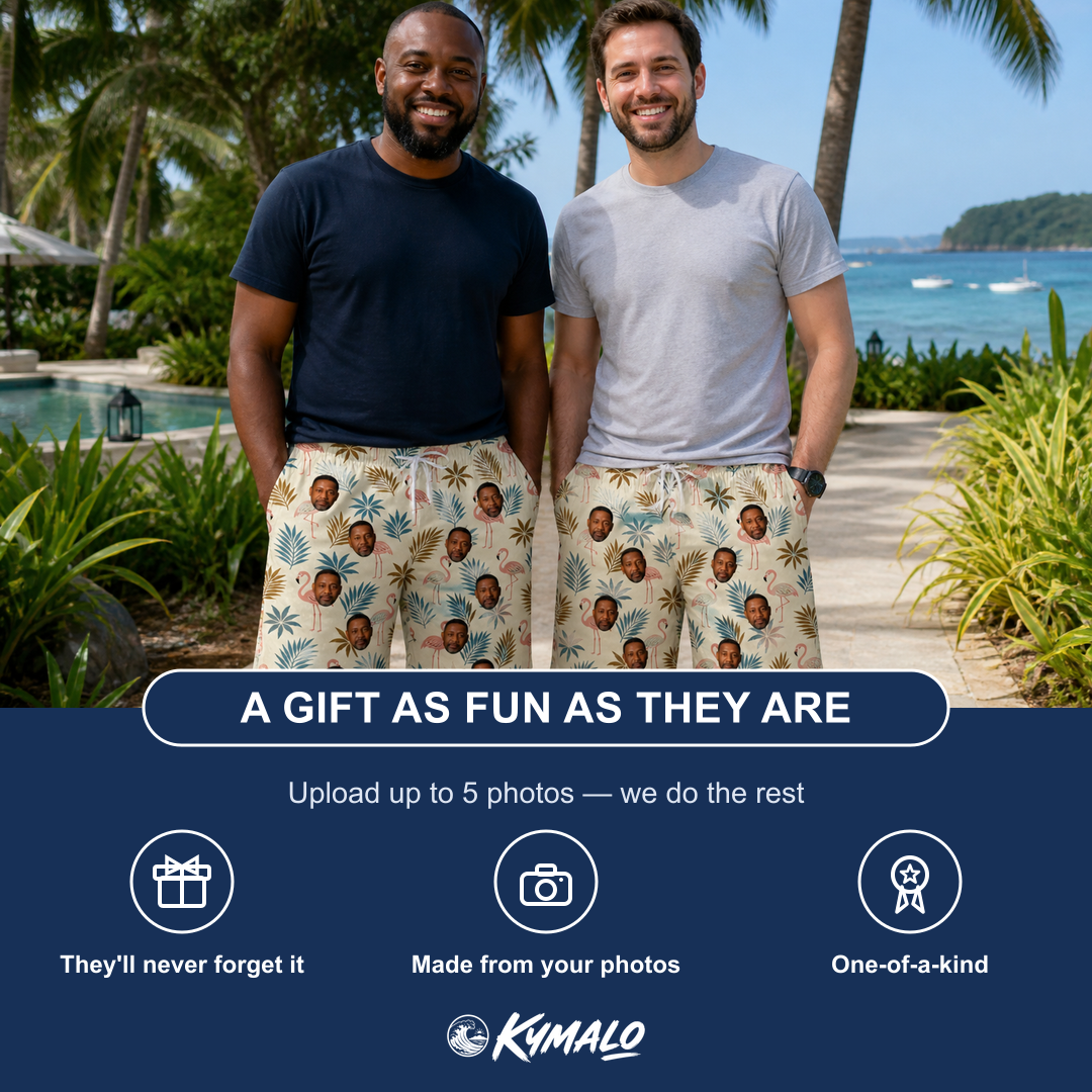 Friends in matching Men's Flamboyance Dance Custom Face Beach Shorts — a group gift photo