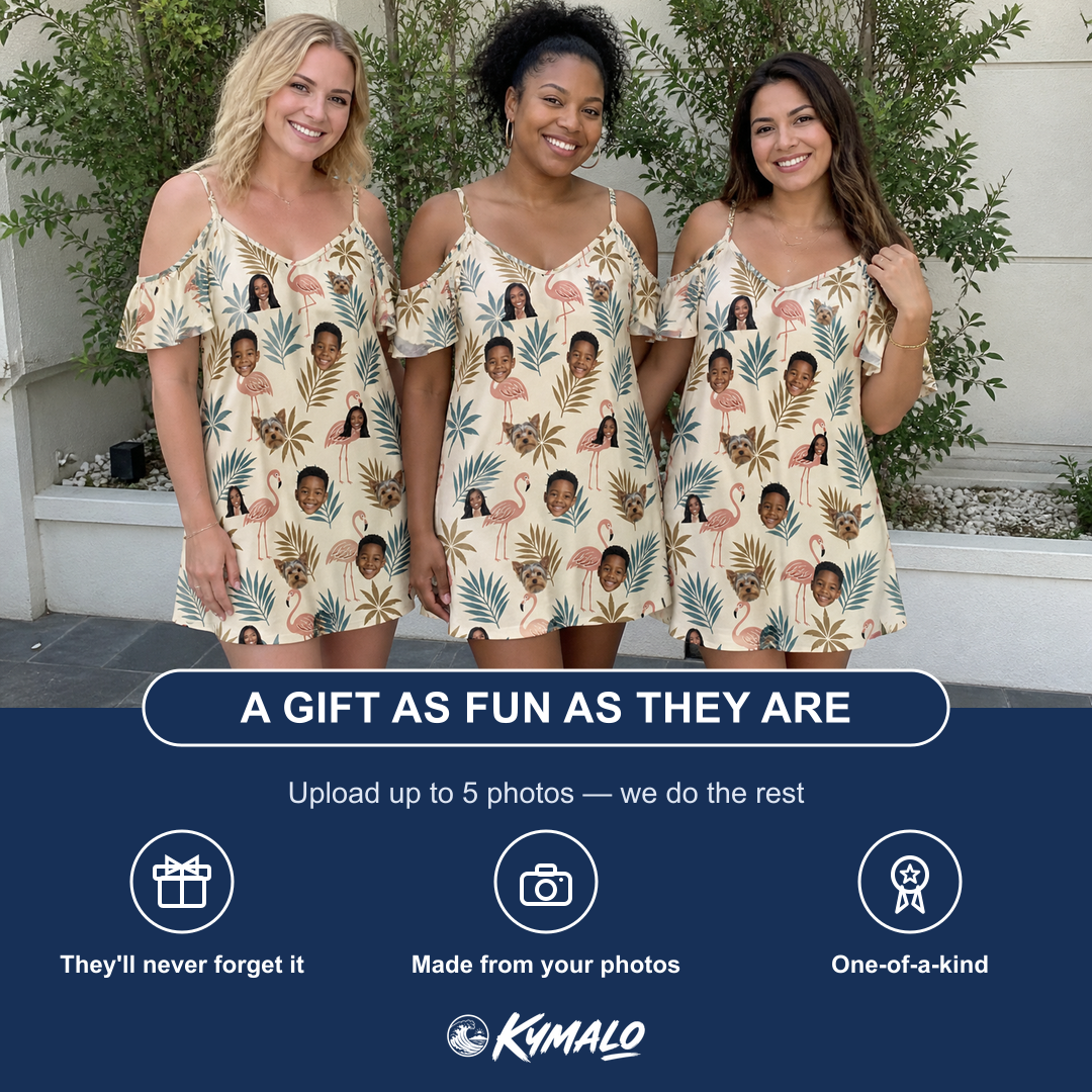 Friends in matching Women's Flamboyance Dance Custom Face Off-Shoulder Dress — a group gift photo