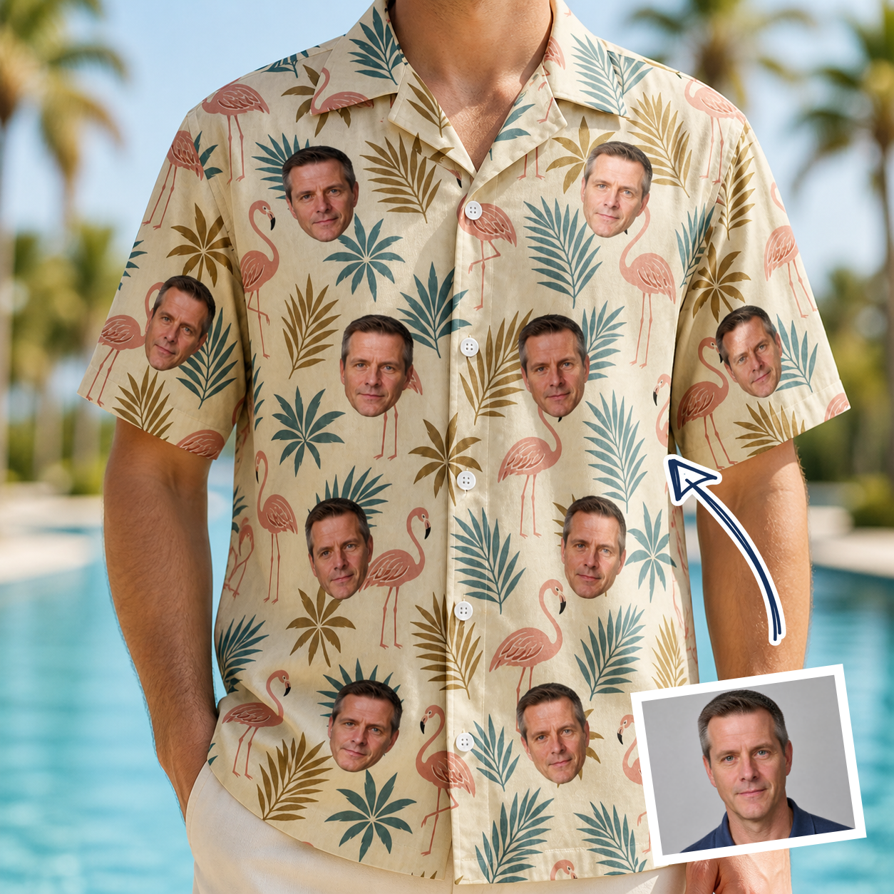 Man wearing Men's Flamboyance Dance Custom Face Hawaiian Shirt — custom faces printed all-over