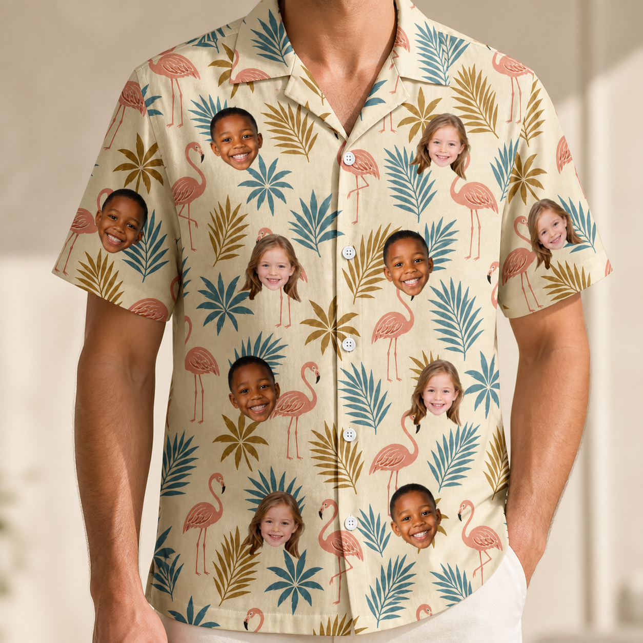 Model wearing Men's Flamboyance Dance Custom Face Hawaiian Shirt printed with kids' faces