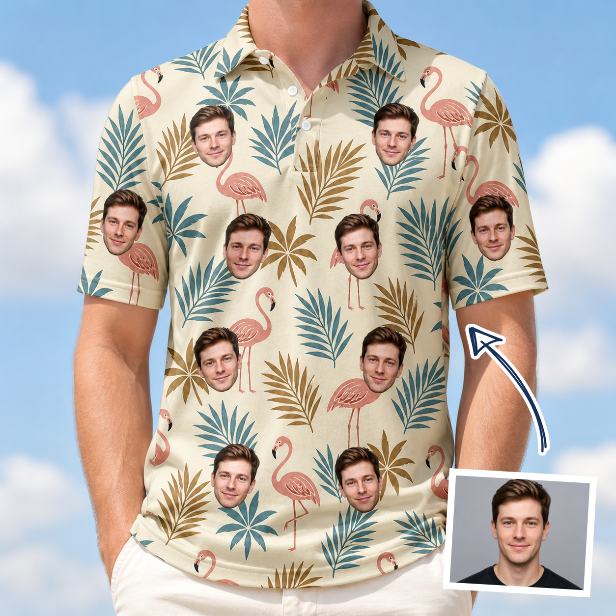 Man wearing Men's Flamboyance Dance Custom Face Polo Shirt — custom faces printed all-over