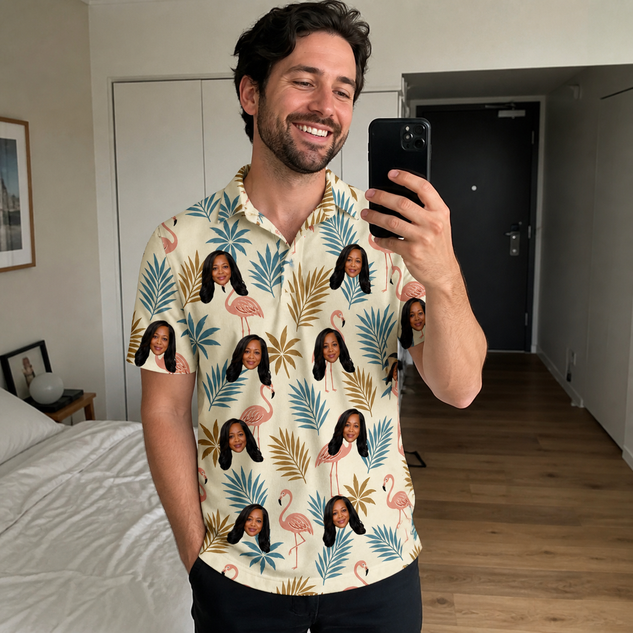 Real-life photo of someone wearing Men's Flamboyance Dance Custom Face Polo Shirt — custom faces printed all-over