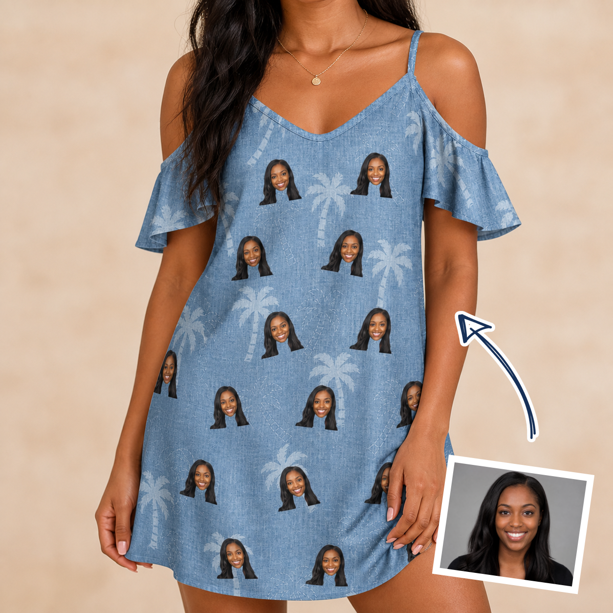 Woman wearing Women's Midcentury Mirage Custom Face Off-Shoulder Dress — custom faces printed all-over