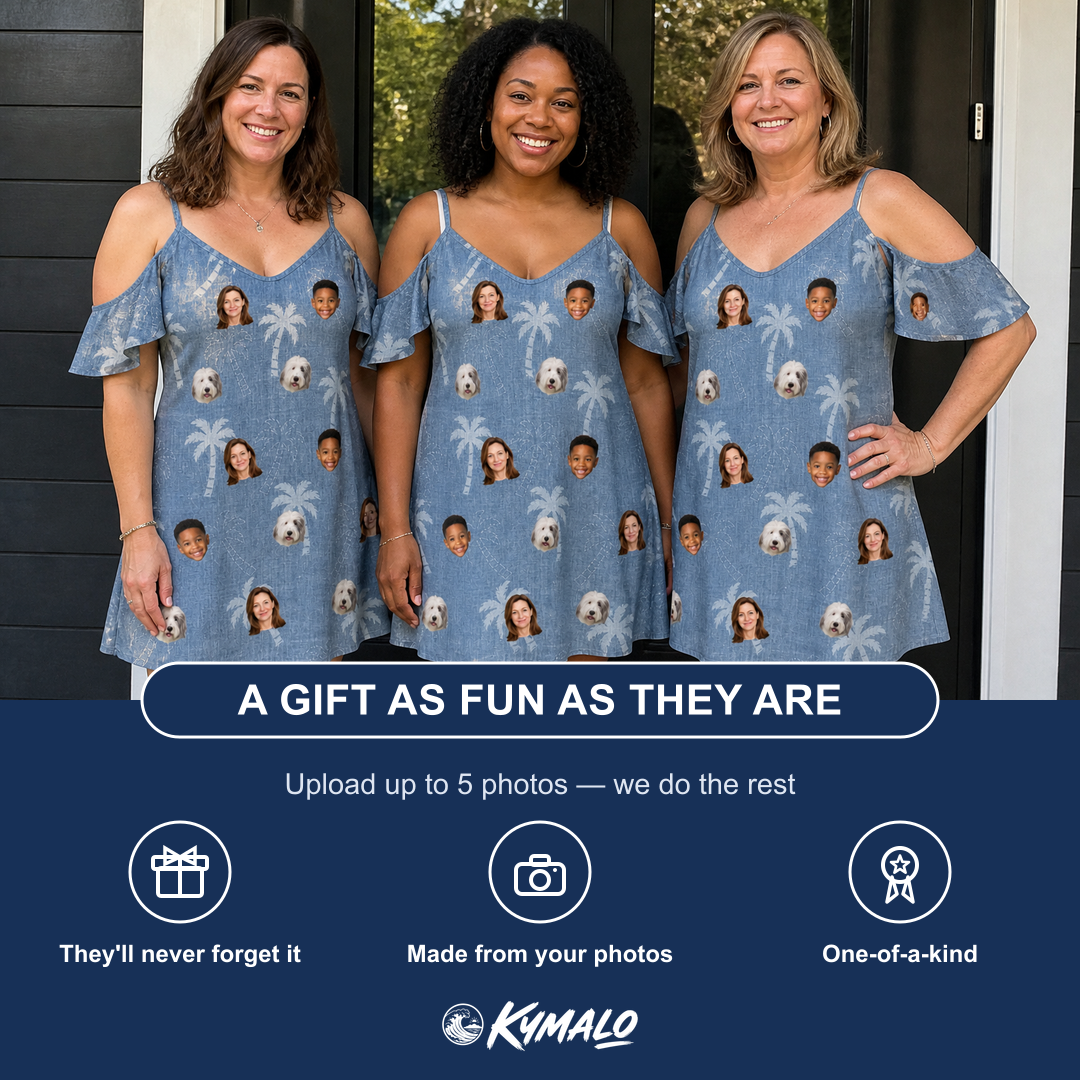 Friends in matching Women's Midcentury Mirage Custom Face Off-Shoulder Dress — a group gift photo