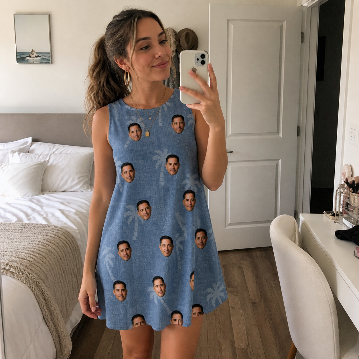 Real-life photo of someone wearing Women's Midcentury Mirage Custom Face Tank Dress — custom faces printed all-over