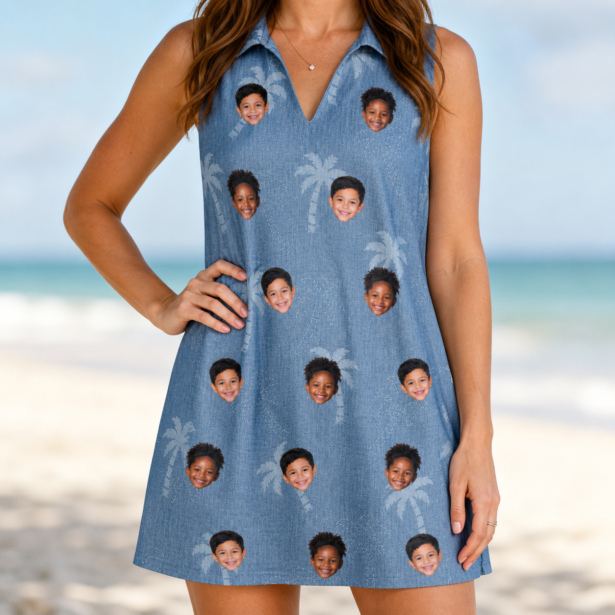 Model wearing Women's Midcentury Mirage Custom Face V-Neck Dress printed with kids' faces