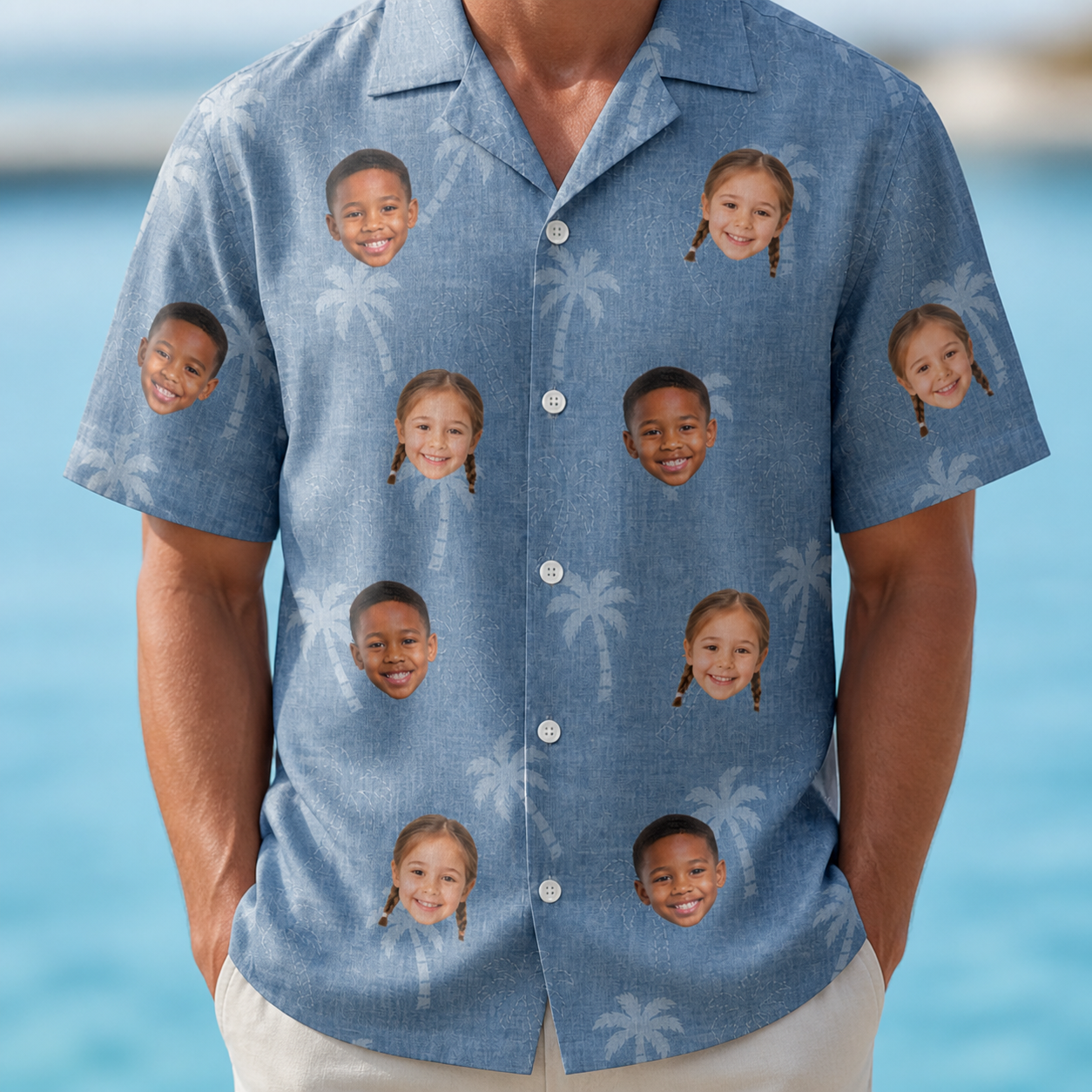 Model wearing Men's Midcentury Mirage Custom Face Hawaiian Shirt printed with kids' faces