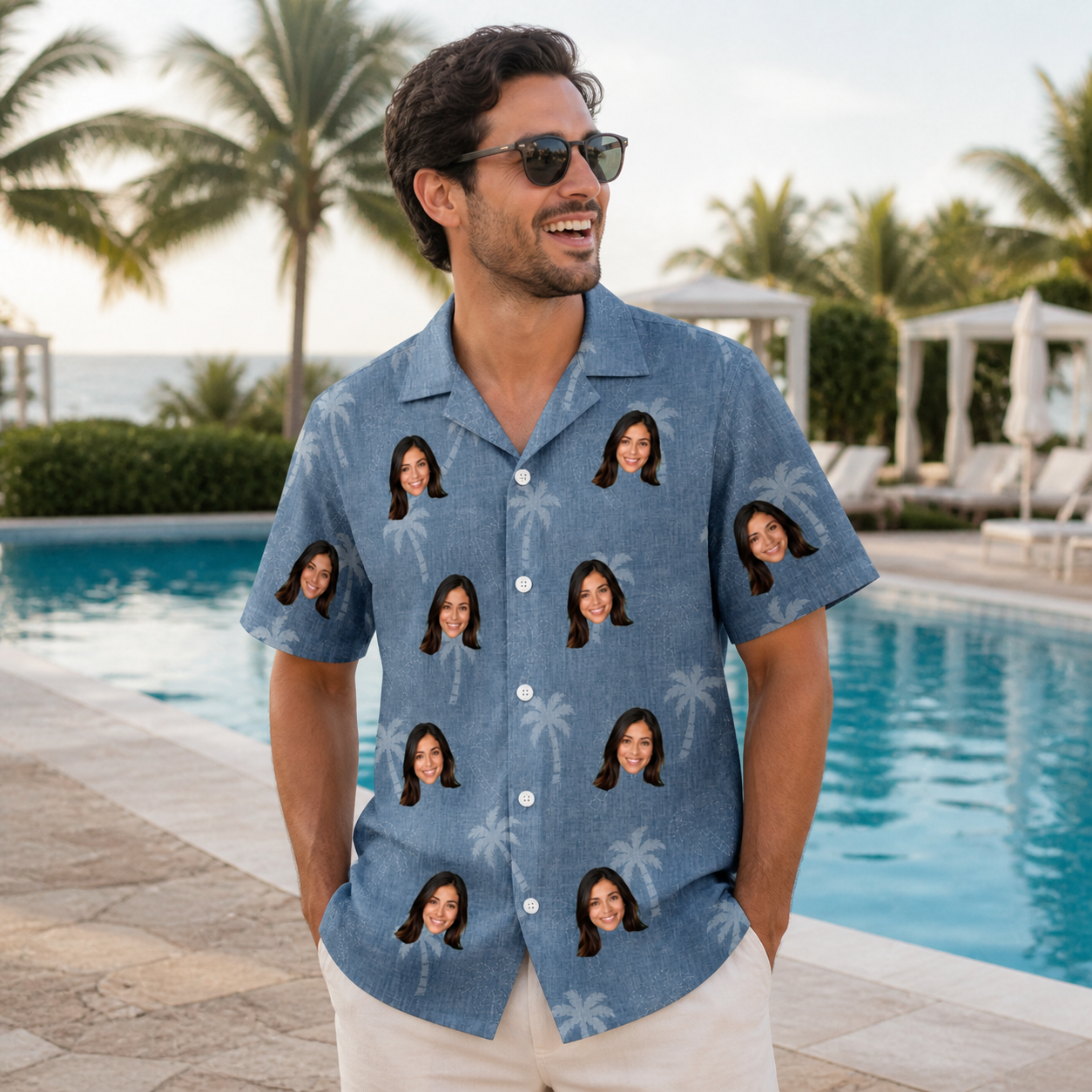 Real-life photo of someone wearing Men's Midcentury Mirage Custom Face Hawaiian Shirt — custom faces printed all-over