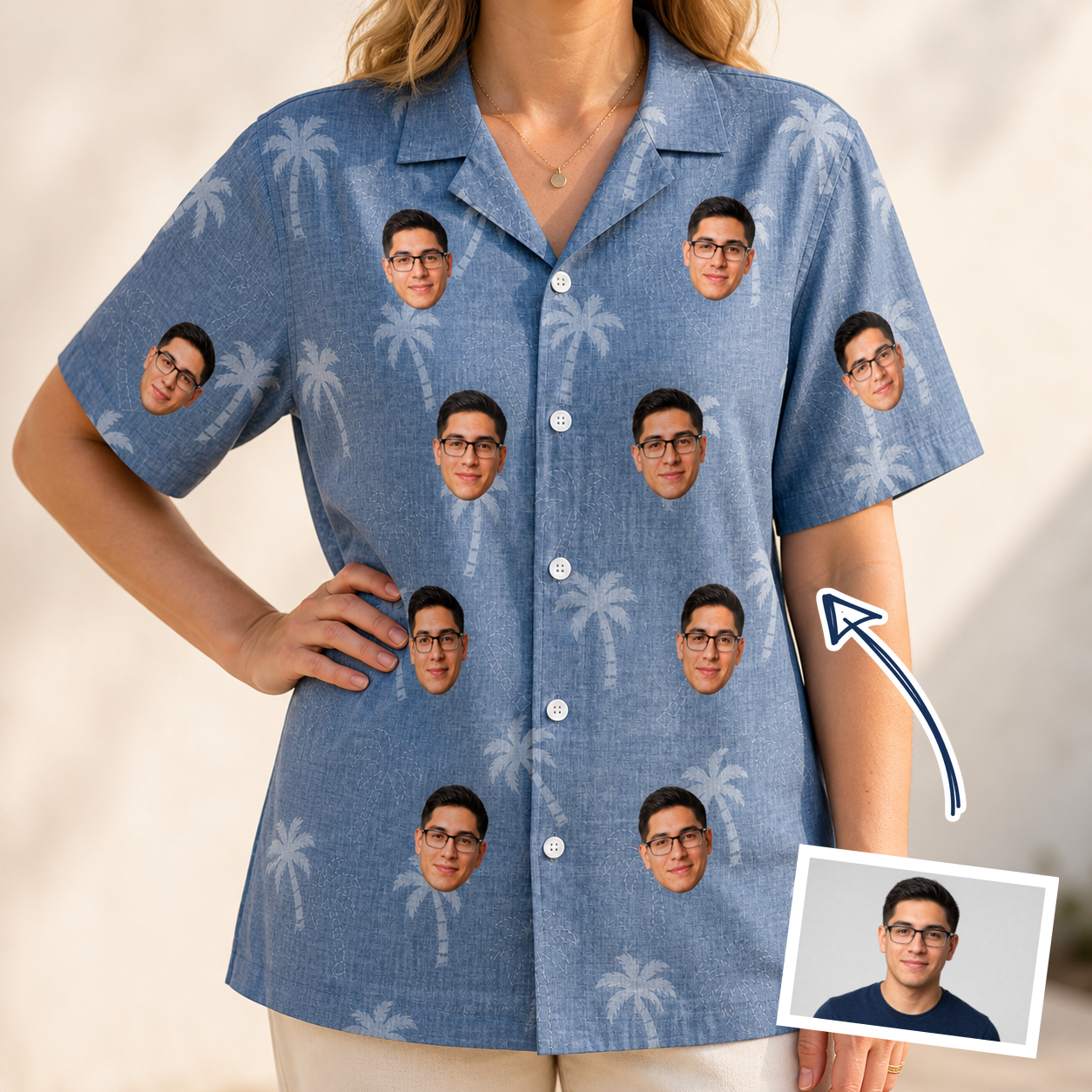Woman wearing Women's Midcentury Mirage Custom Face Hawaiian Shirt — custom faces printed all-over