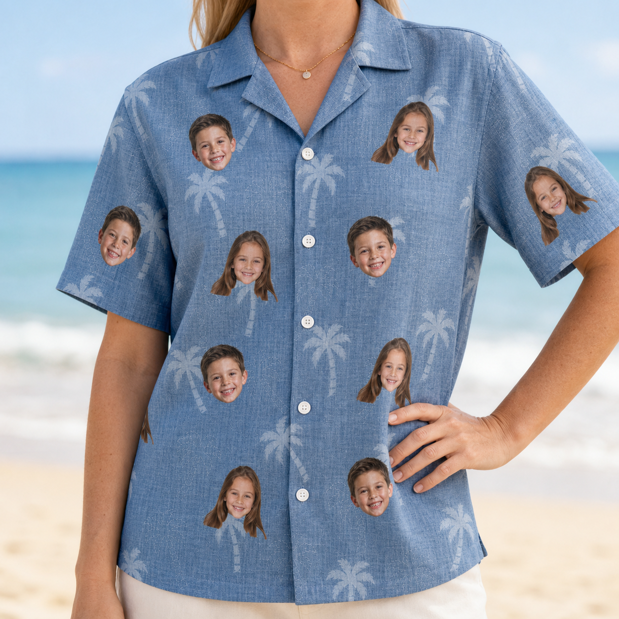 Model wearing Women's Midcentury Mirage Custom Face Hawaiian Shirt printed with kids' faces