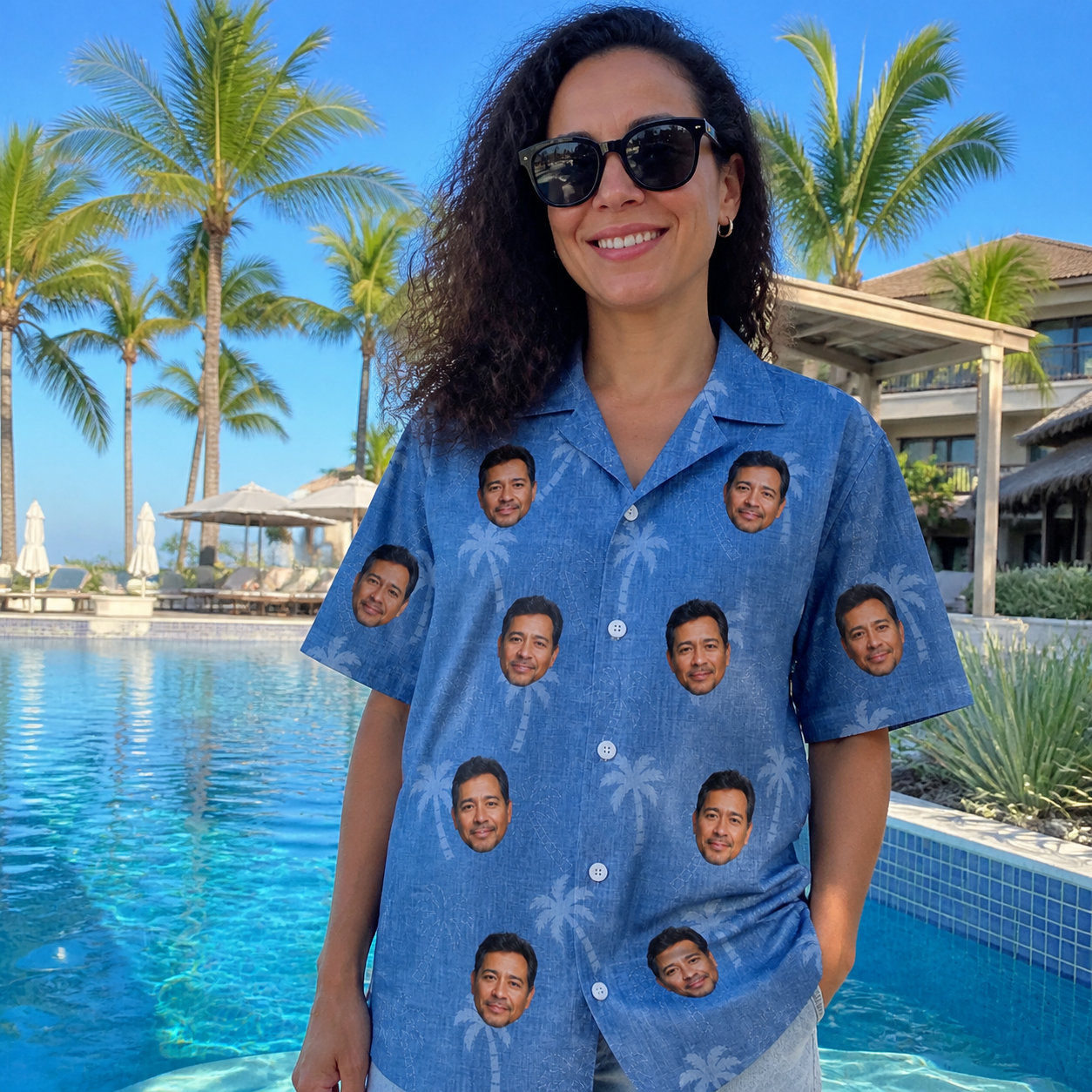 Real-life photo of someone wearing Women's Midcentury Mirage Custom Face Hawaiian Shirt — custom faces printed all-over
