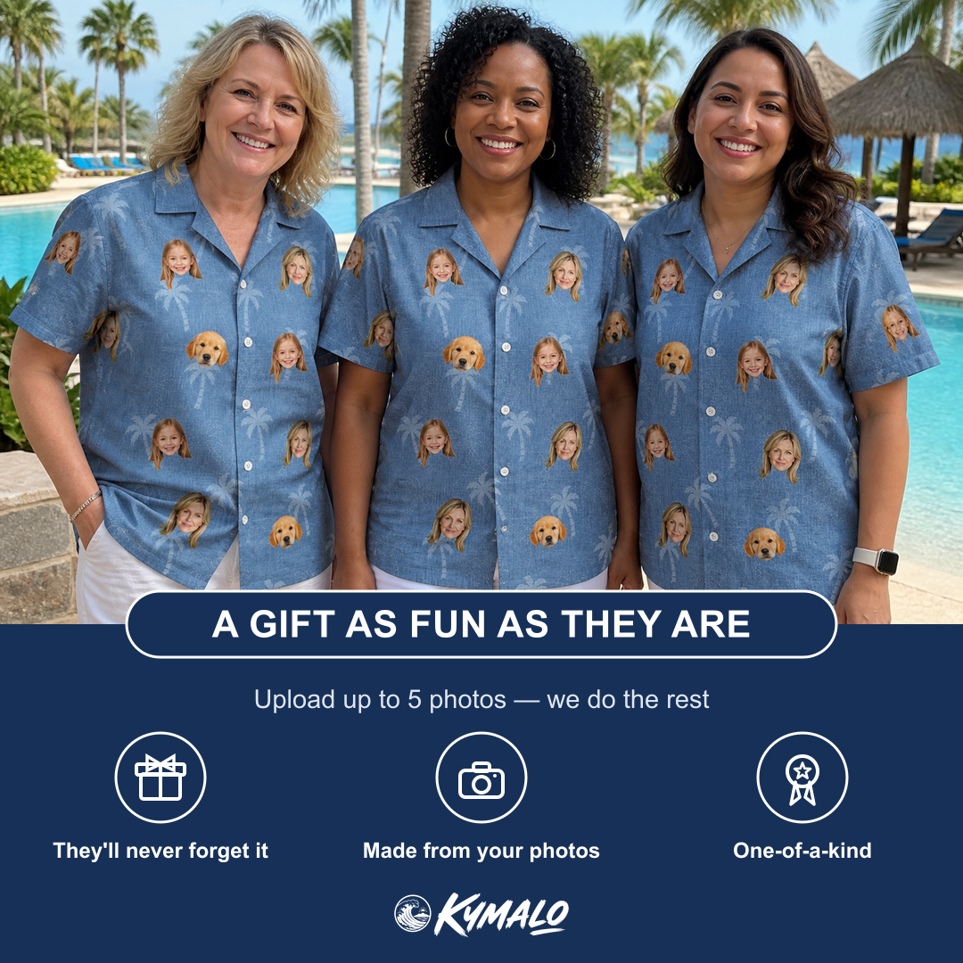 Friends in matching Women's Midcentury Mirage Custom Face Hawaiian Shirt — a group gift photo