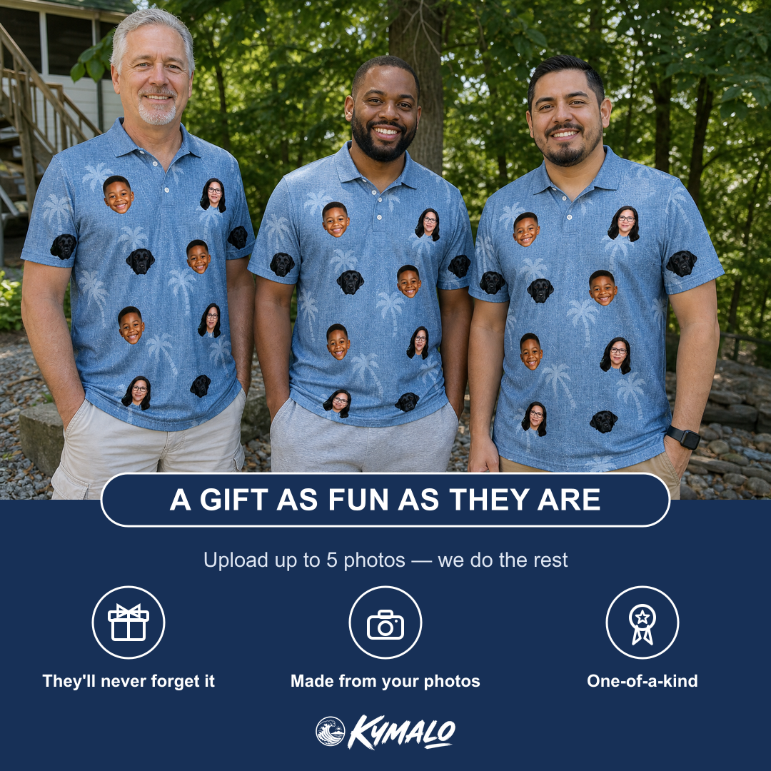 Friends in matching Men's Midcentury Mirage Custom Face Polo Shirt — a group gift photo