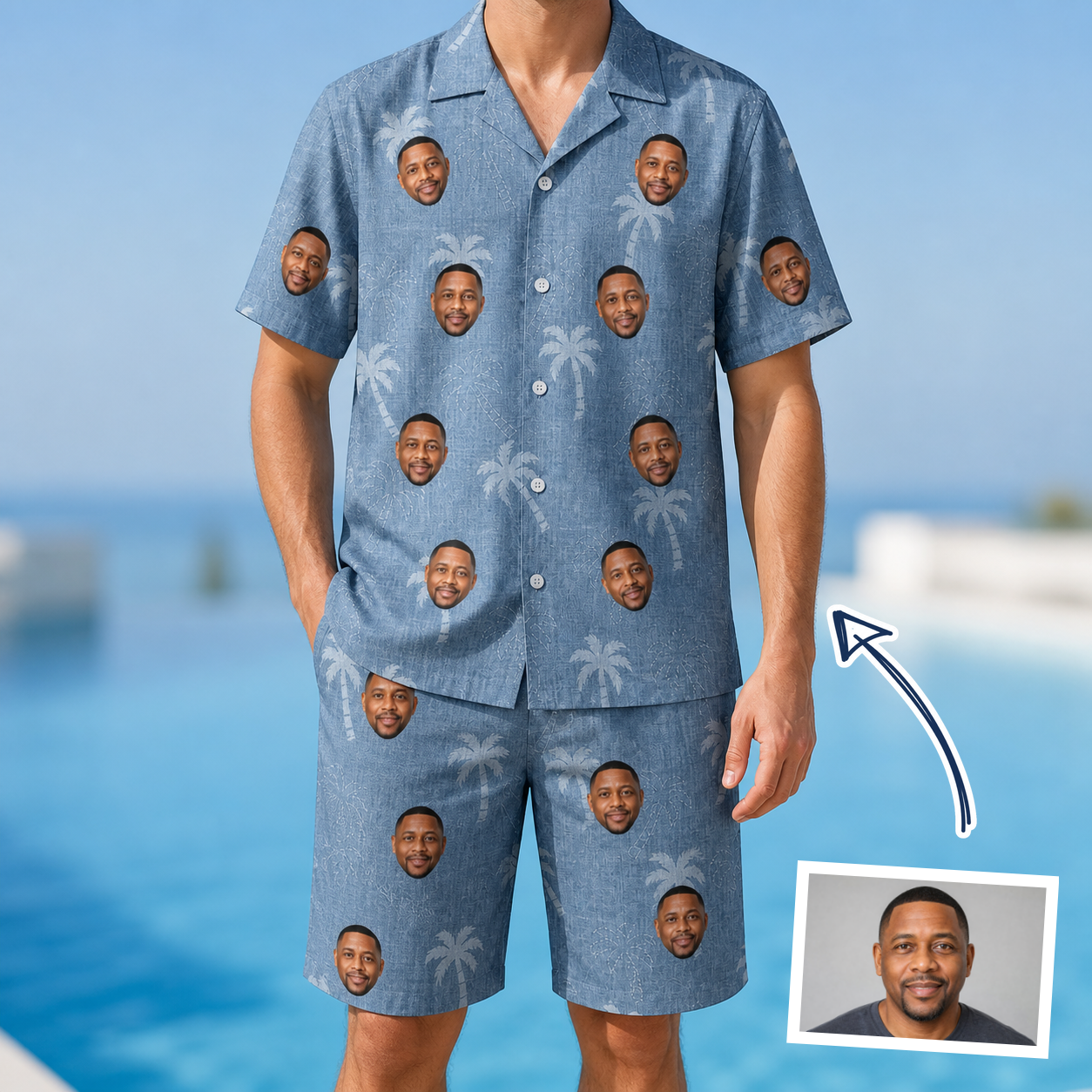 Man wearing Men's Midcentury Mirage Custom Face Shirt & Shorts Set — custom faces printed all-over