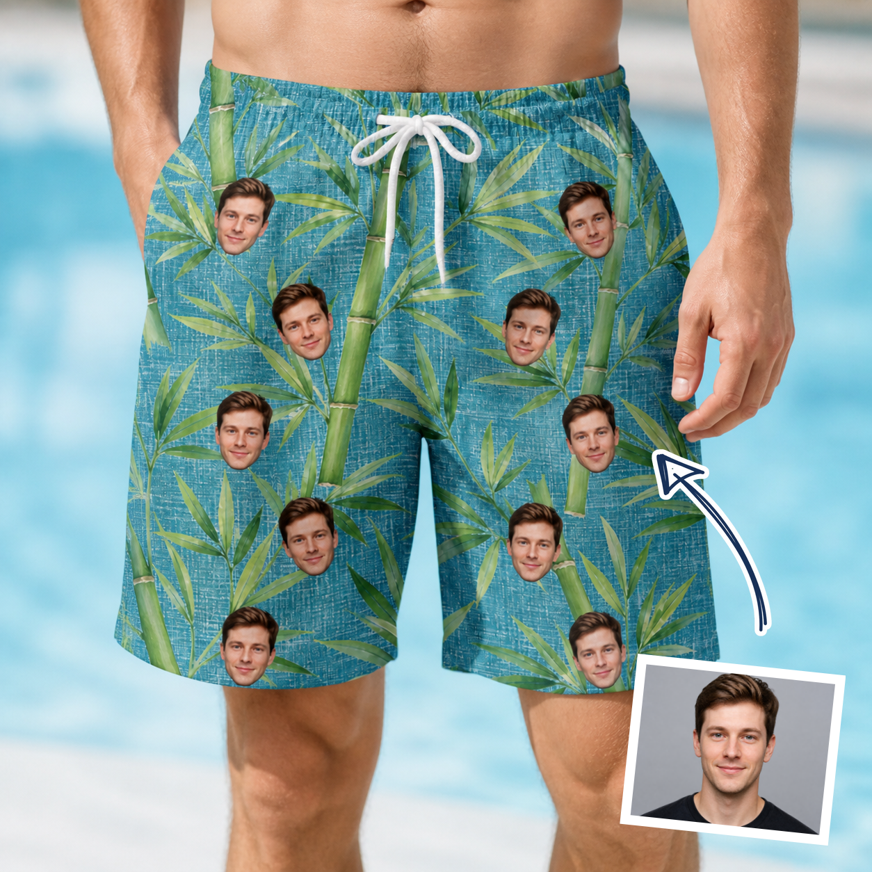 Man wearing Men's Bamboo Boogie Custom Face Beach Shorts — custom faces printed all-over