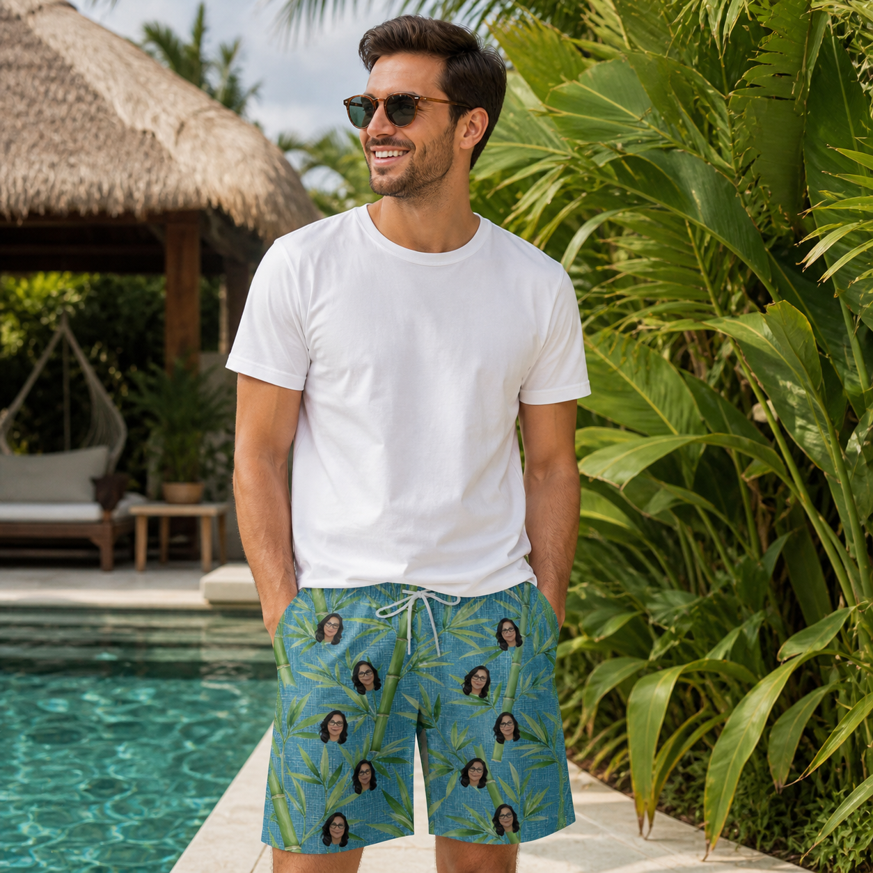 Real-life photo of someone wearing Men's Bamboo Boogie Custom Face Beach Shorts — custom faces printed all-over
