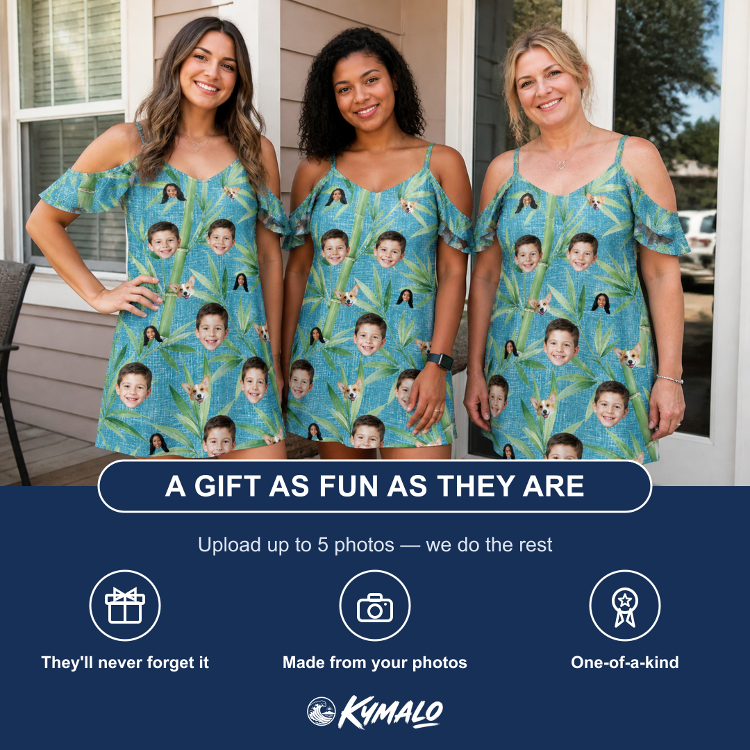 Friends in matching Women's Bamboo Boogie Custom Face Off-Shoulder Dress — a group gift photo