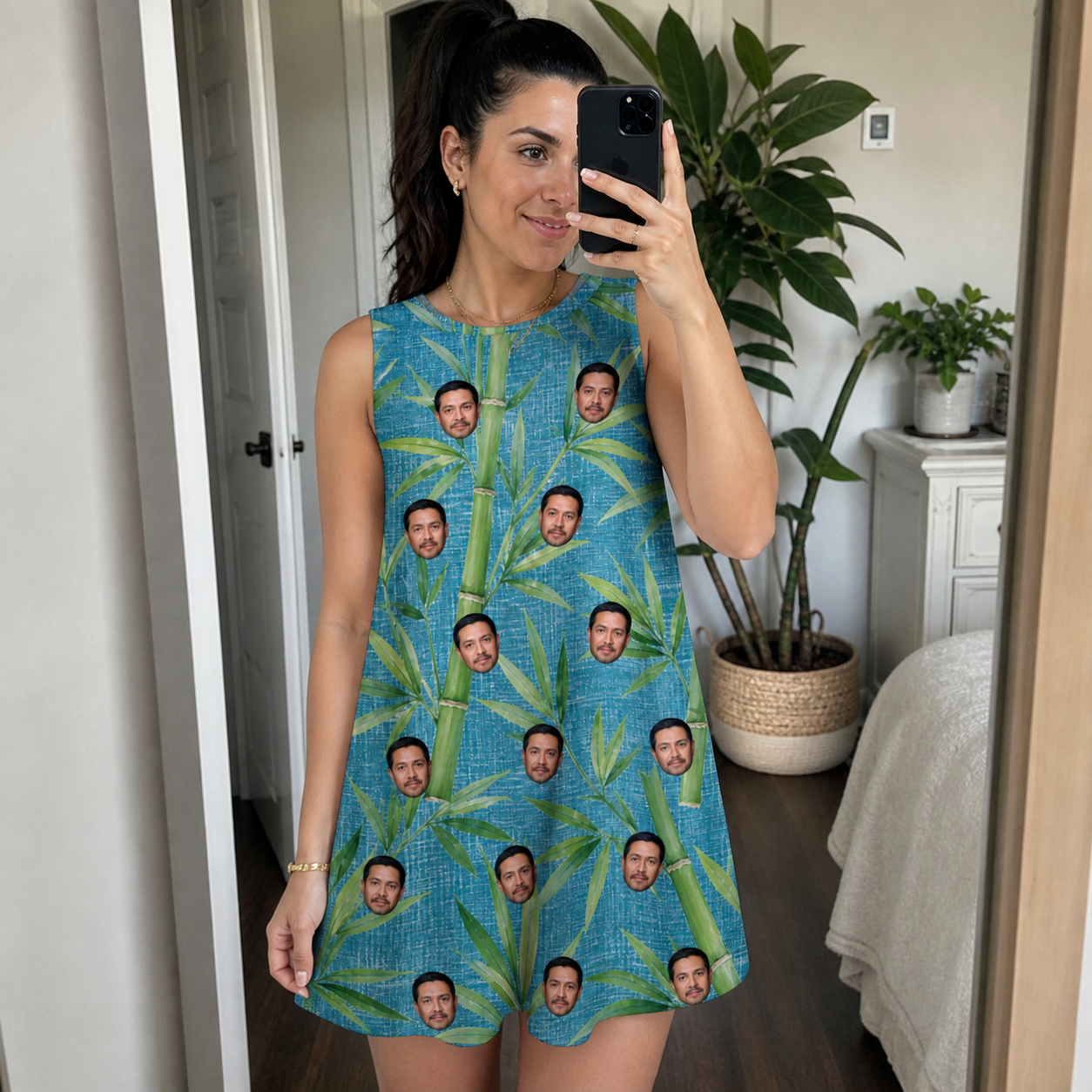 Real-life photo of someone wearing Women's Bamboo Boogie Custom Face Tank Dress — custom faces printed all-over