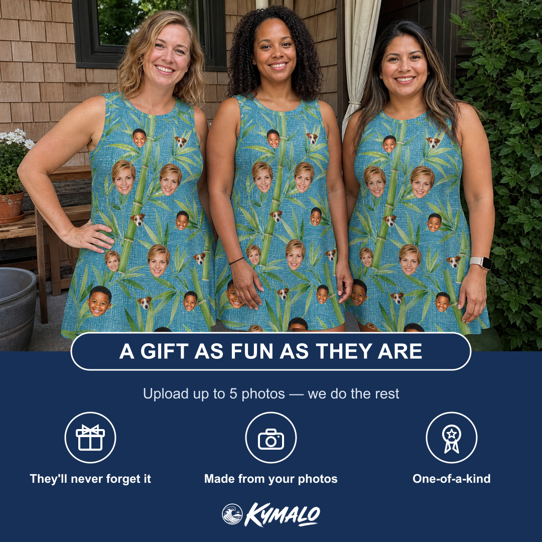 Friends in matching Women's Bamboo Boogie Custom Face Tank Dress — a group gift photo