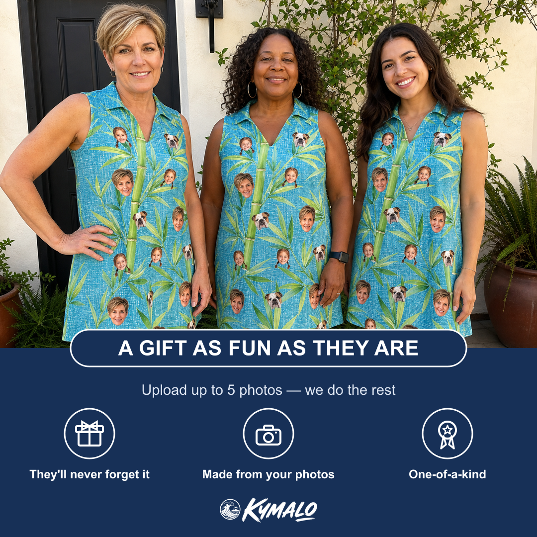 Friends in matching Women's Bamboo Boogie Custom Face V-Neck Dress — a group gift photo