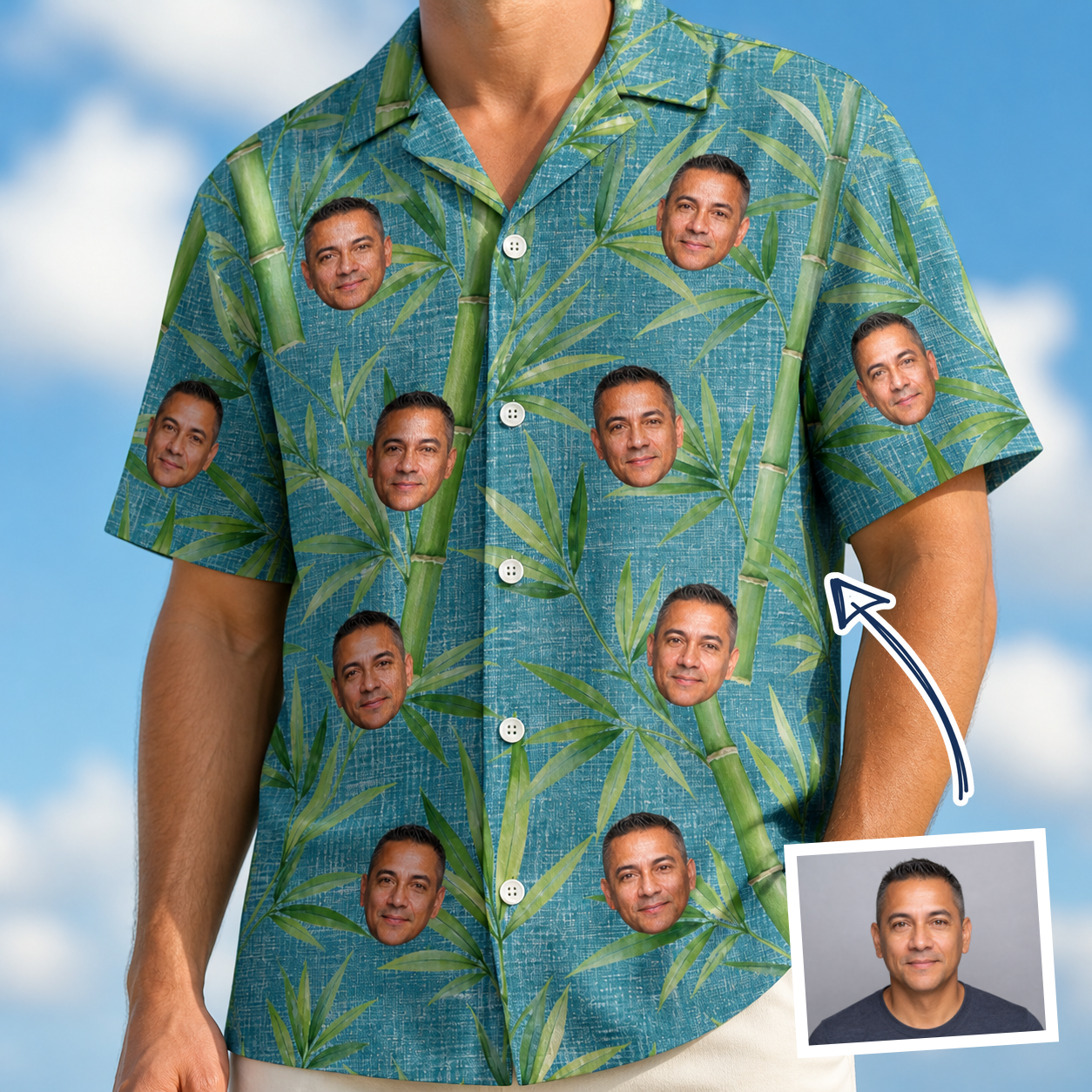 Man wearing Men's Bamboo Boogie Custom Face Hawaiian Shirt — custom faces printed all-over