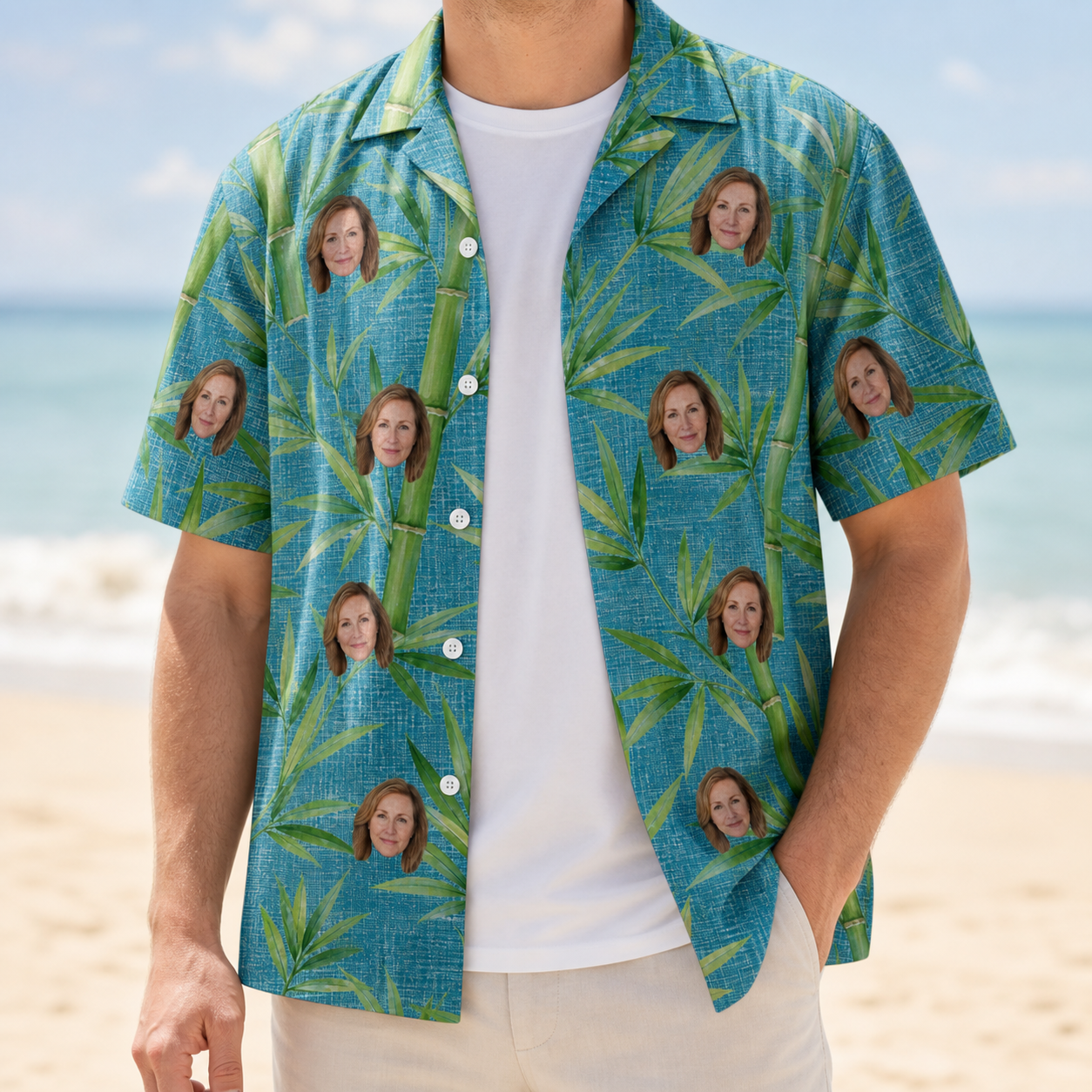 Man wearing Men's Bamboo Boogie Custom Face Hawaiian Shirt open over a white tee