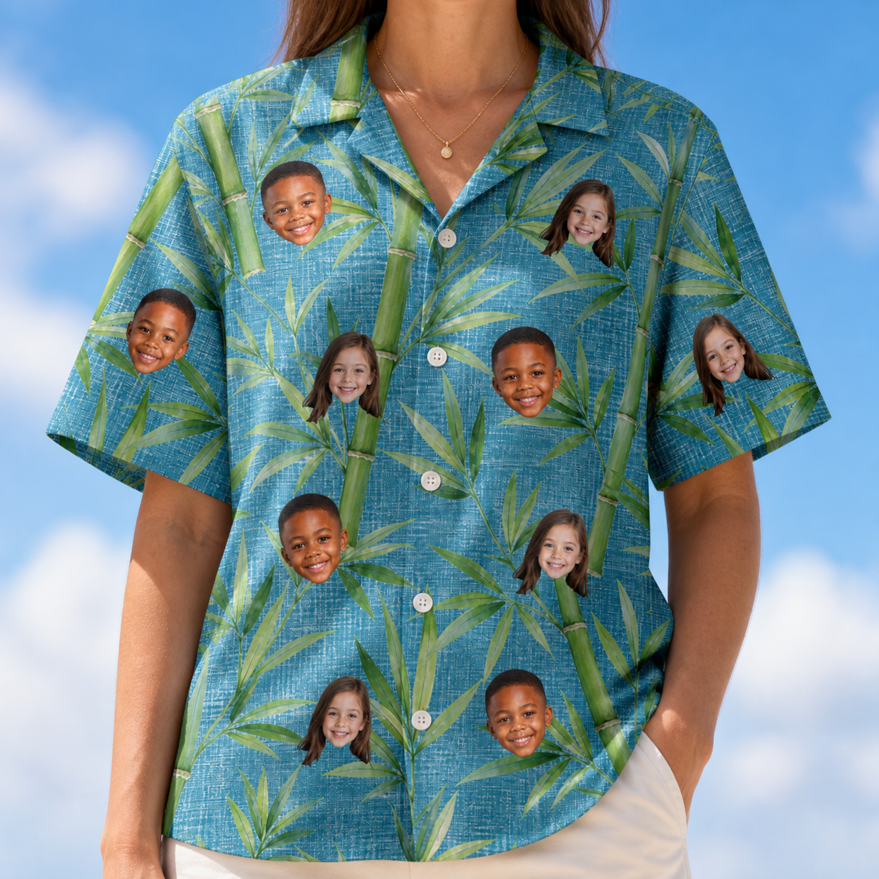 Model wearing Women's Bamboo Boogie Custom Face Hawaiian Shirt printed with kids' faces