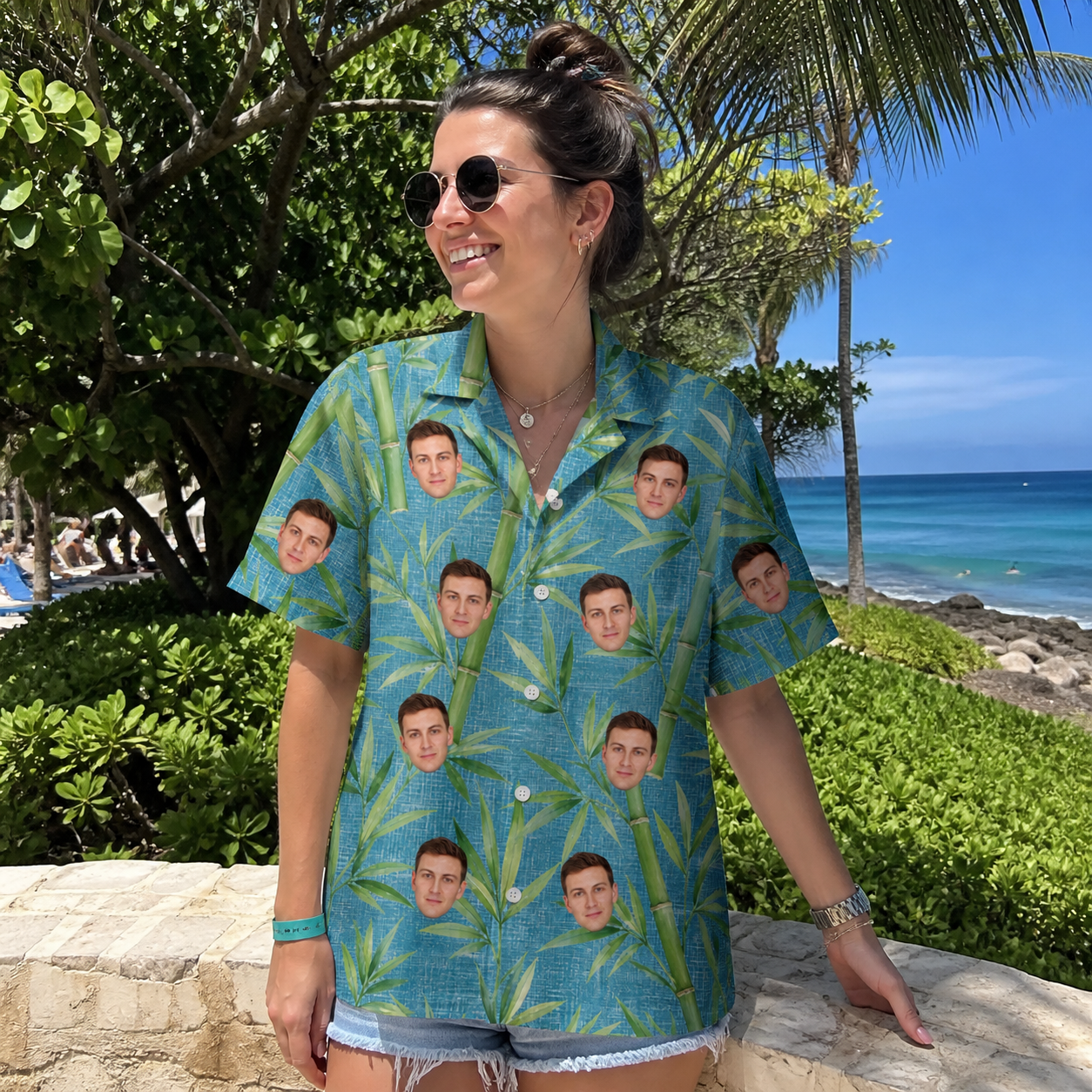 Real-life photo of someone wearing Women's Bamboo Boogie Custom Face Hawaiian Shirt — custom faces printed all-over