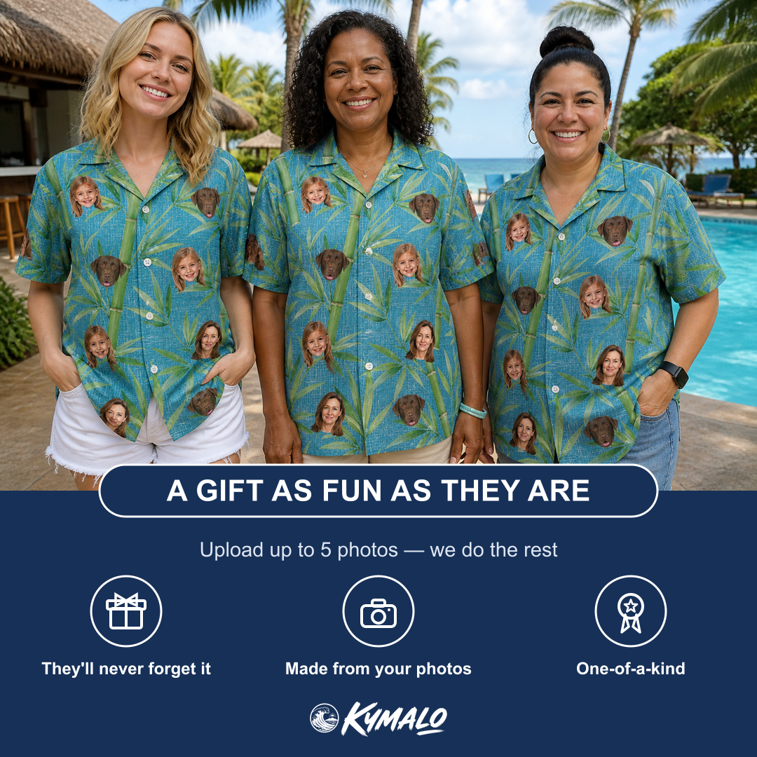 Friends in matching Women's Bamboo Boogie Custom Face Hawaiian Shirt — a group gift photo