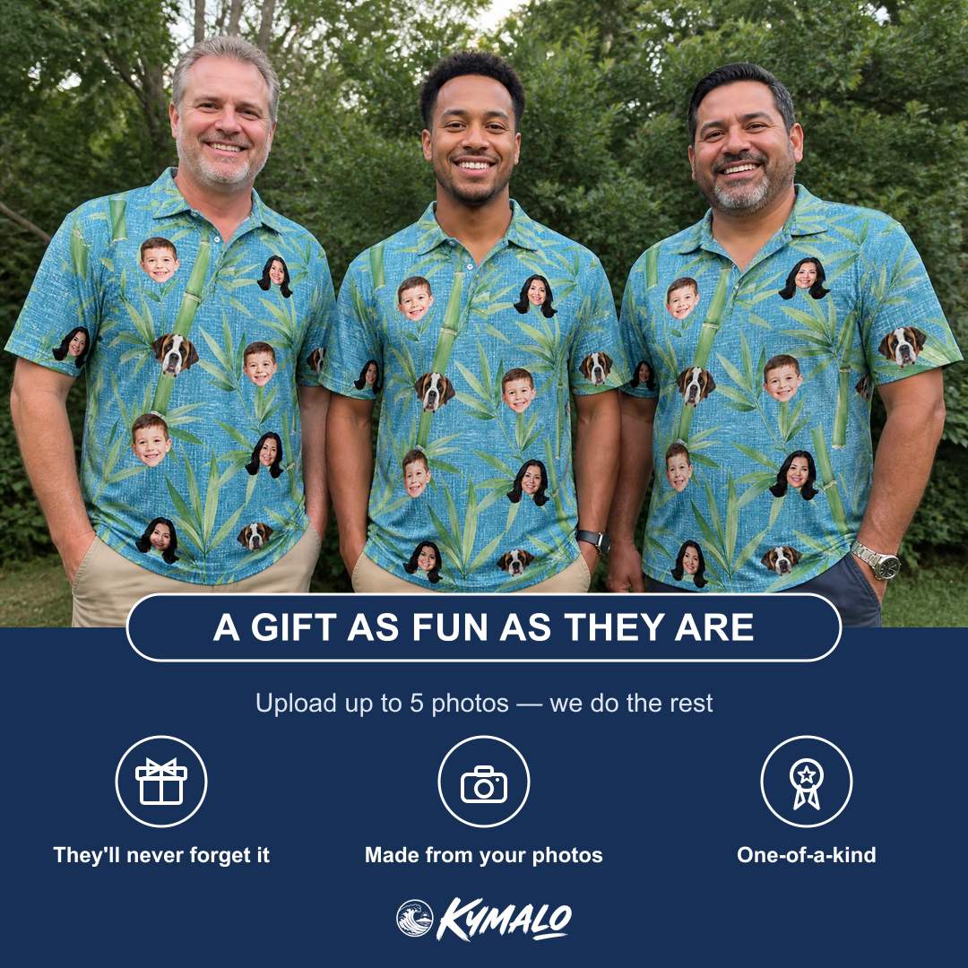 Friends in matching Men's Bamboo Boogie Custom Face Polo Shirt — a group gift photo