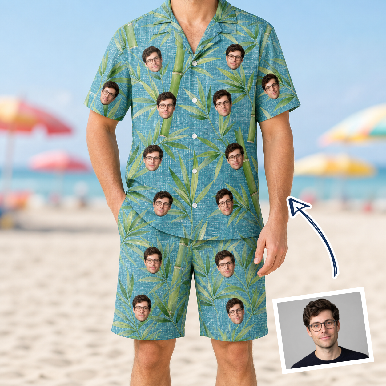 Man wearing Men's Bamboo Boogie Custom Face Shirt & Shorts Set — custom faces printed all-over