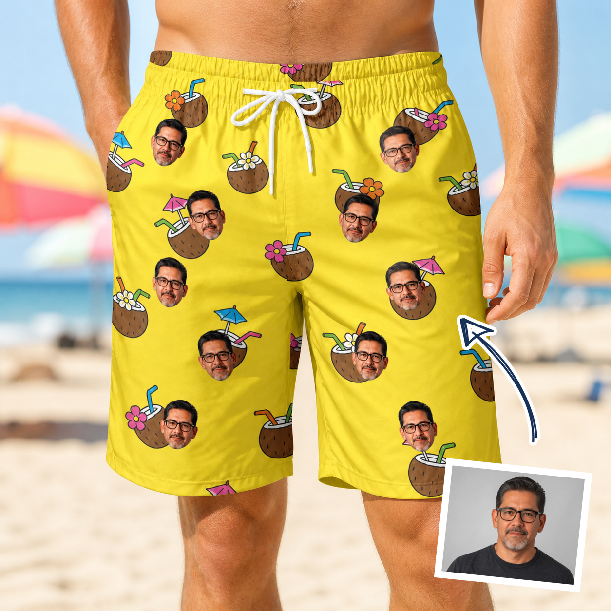 Man wearing Men's Nutty Nectar Custom Face Beach Shorts — custom faces printed all-over