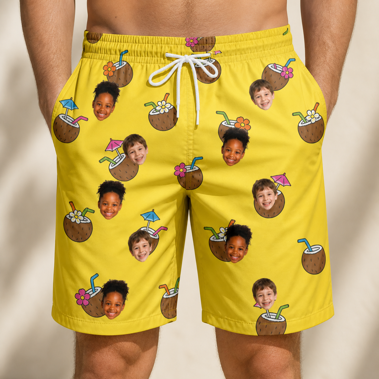 Model wearing Men's Nutty Nectar Custom Face Beach Shorts printed with kids' faces