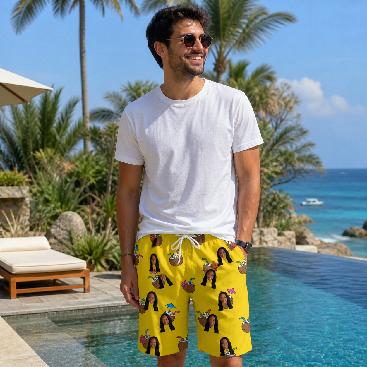 Real-life photo of someone wearing Men's Nutty Nectar Custom Face Beach Shorts — custom faces printed all-over