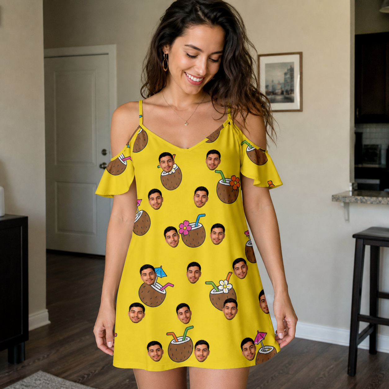 Real-life photo of someone wearing Women's Nutty Nectar Custom Face Off-Shoulder Dress — custom faces printed all-over