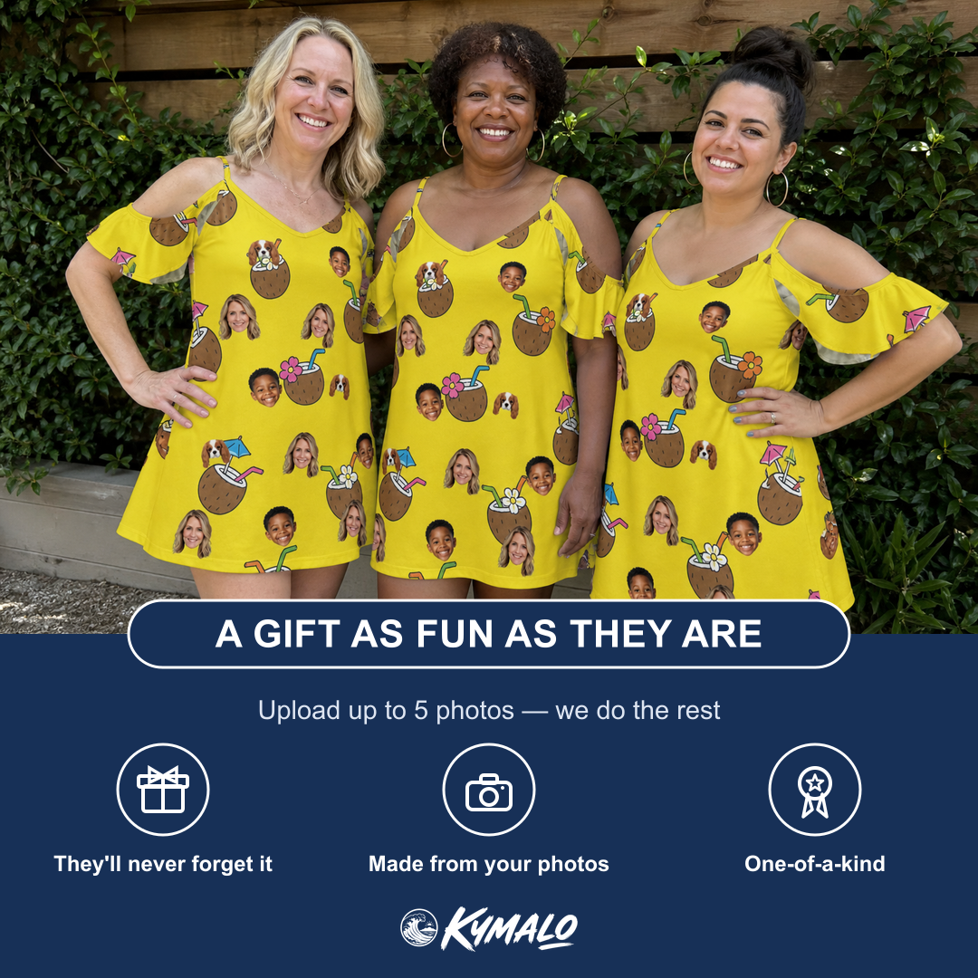 Friends in matching Women's Nutty Nectar Custom Face Off-Shoulder Dress — a group gift photo