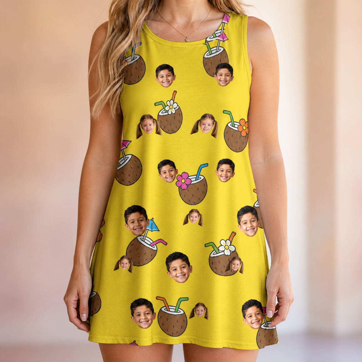 Model wearing Women's Nutty Nectar Custom Face Tank Dress printed with kids' faces