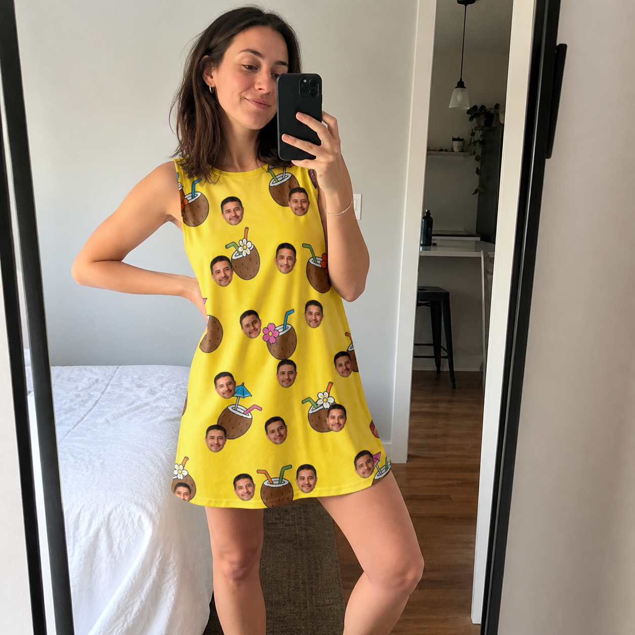 Real-life photo of someone wearing Women's Nutty Nectar Custom Face Tank Dress — custom faces printed all-over