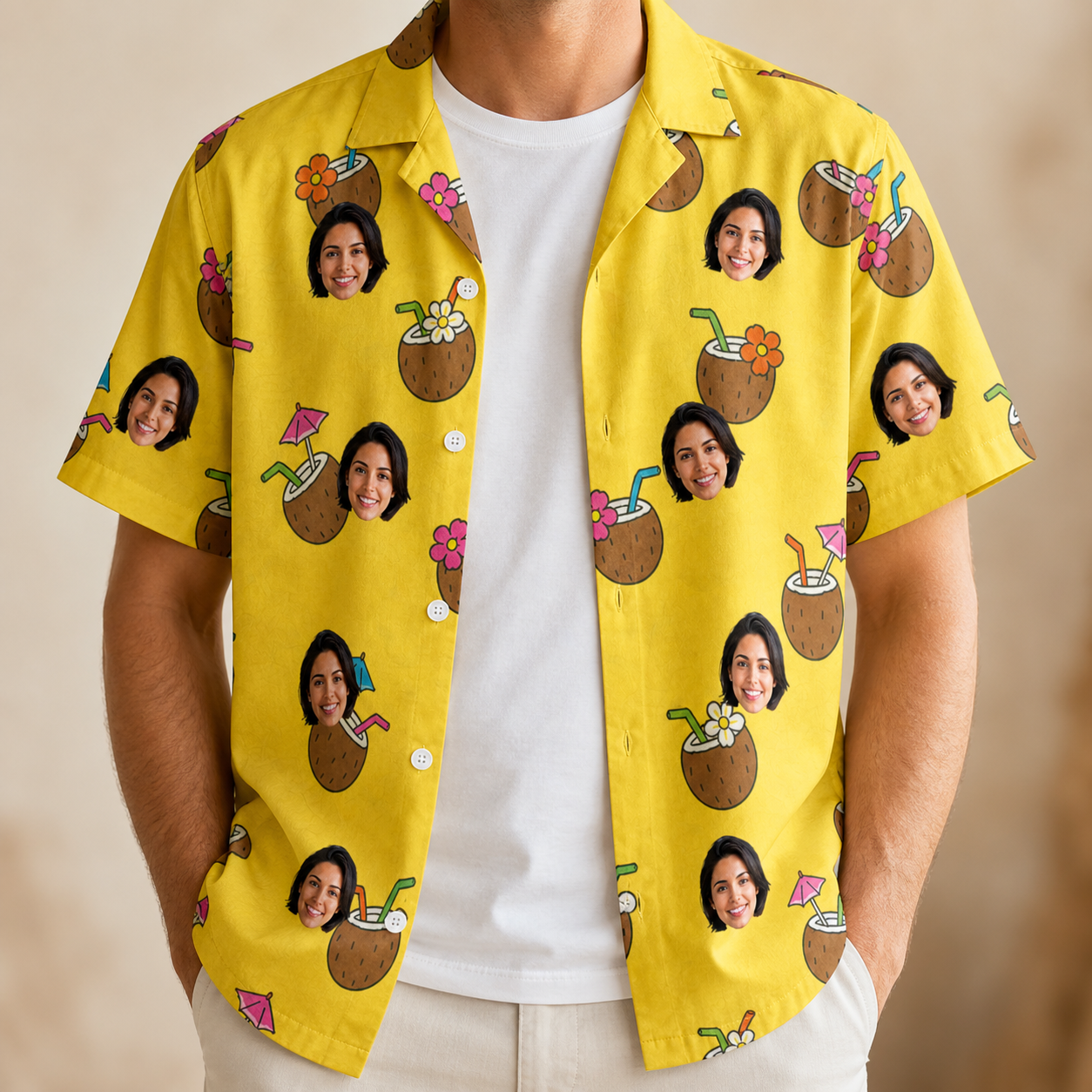Man wearing Men's Nutty Nectar Custom Face Hawaiian Shirt open over a white tee
