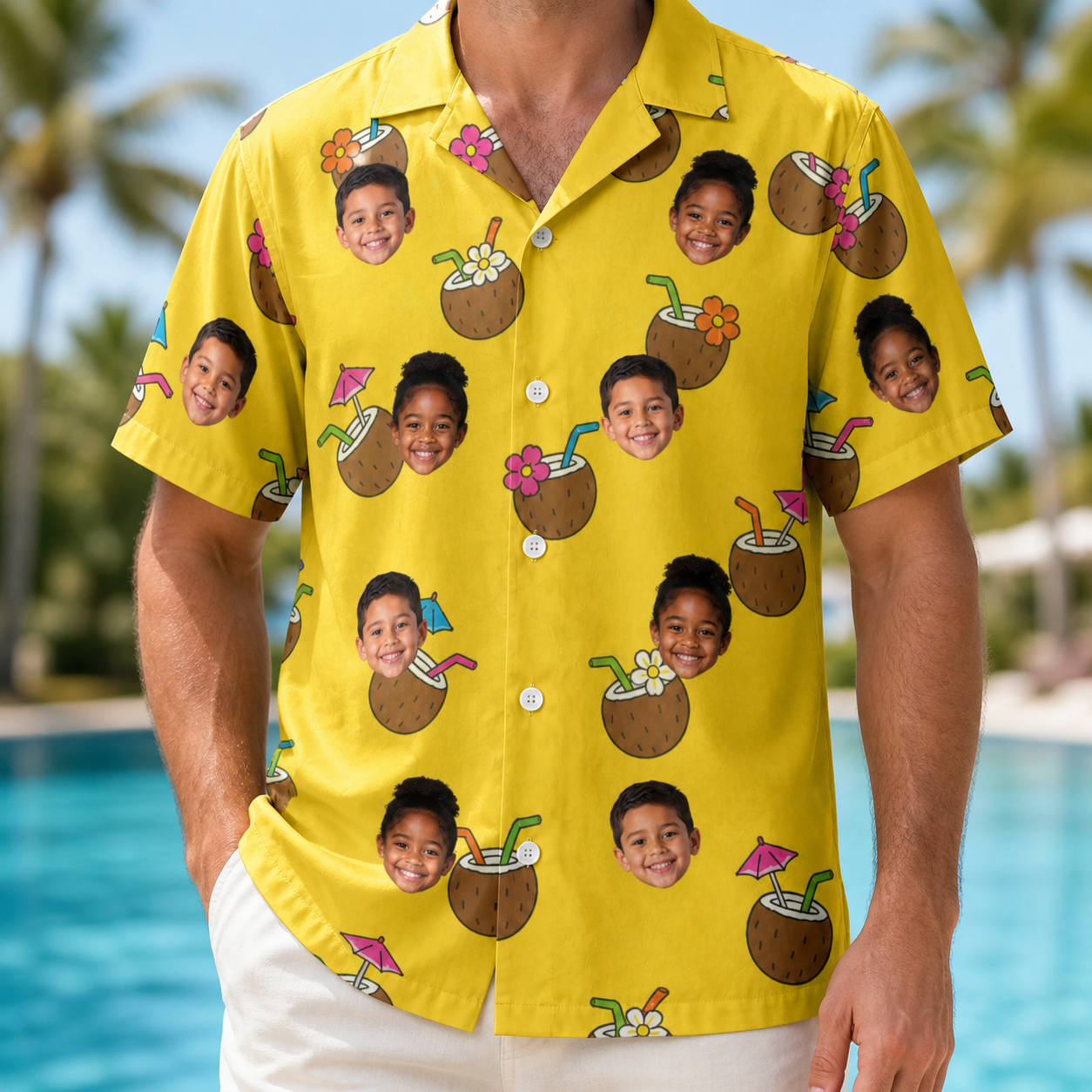 Model wearing Men's Nutty Nectar Custom Face Hawaiian Shirt printed with kids' faces