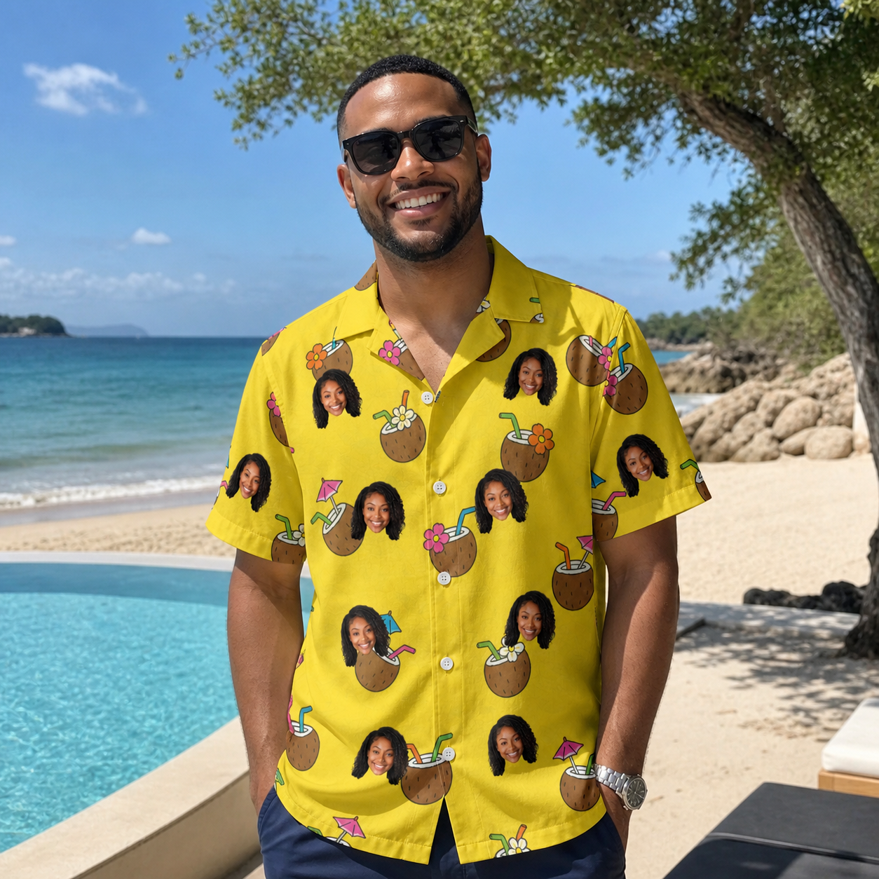 Real-life photo of someone wearing Men's Nutty Nectar Custom Face Hawaiian Shirt — custom faces printed all-over