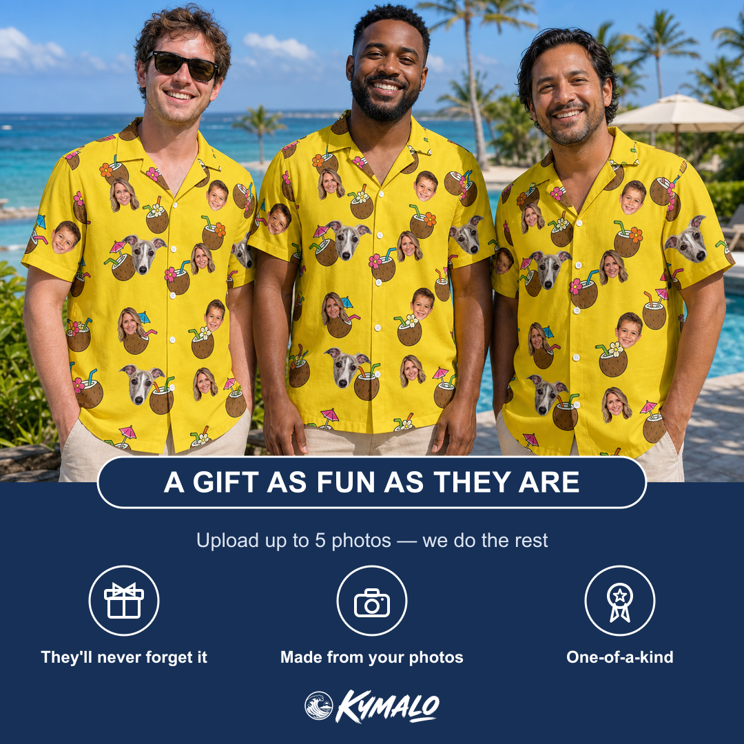 Friends in matching Men's Nutty Nectar Custom Face Hawaiian Shirt — a group gift photo