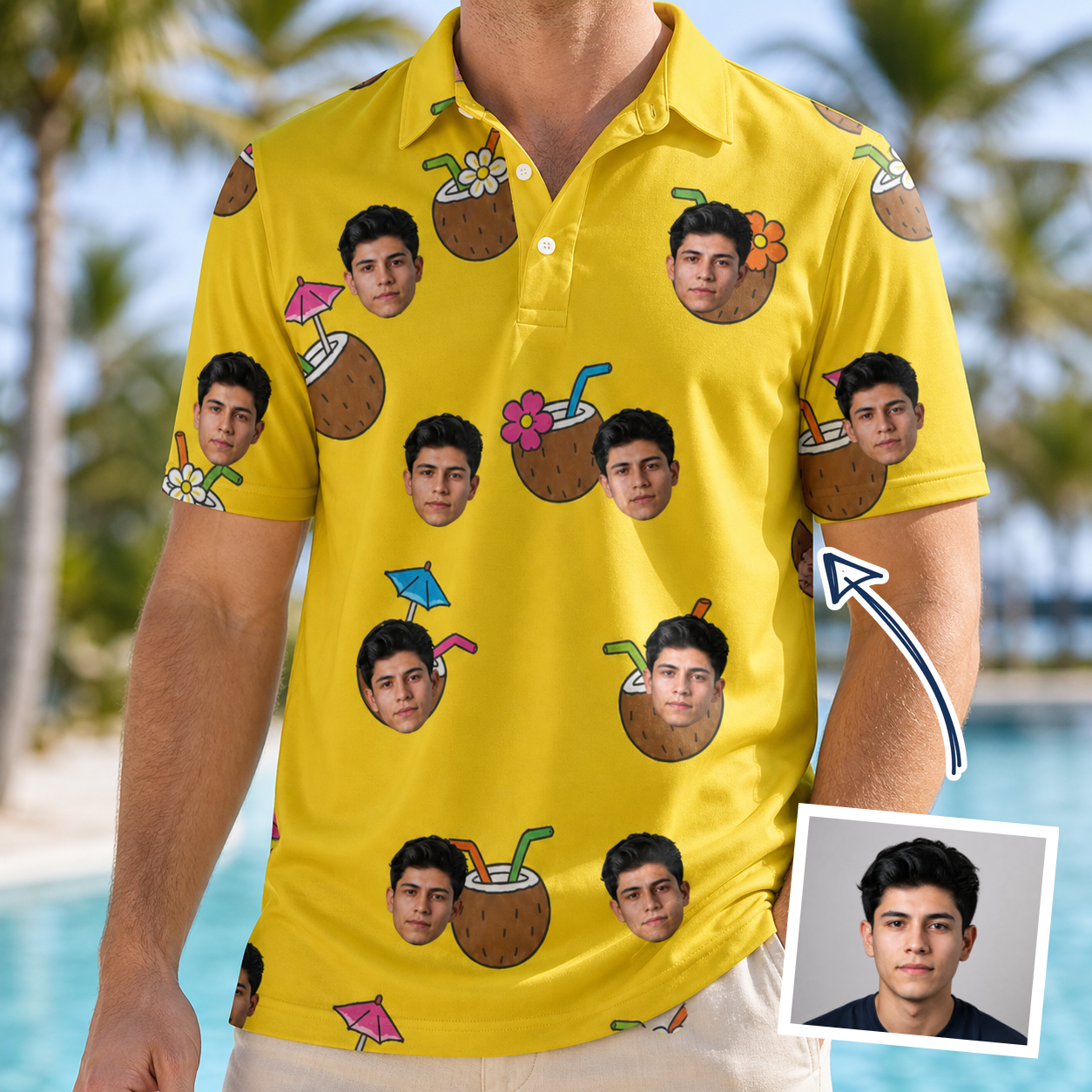 Man wearing Men's Nutty Nectar Custom Face Polo Shirt — custom faces printed all-over