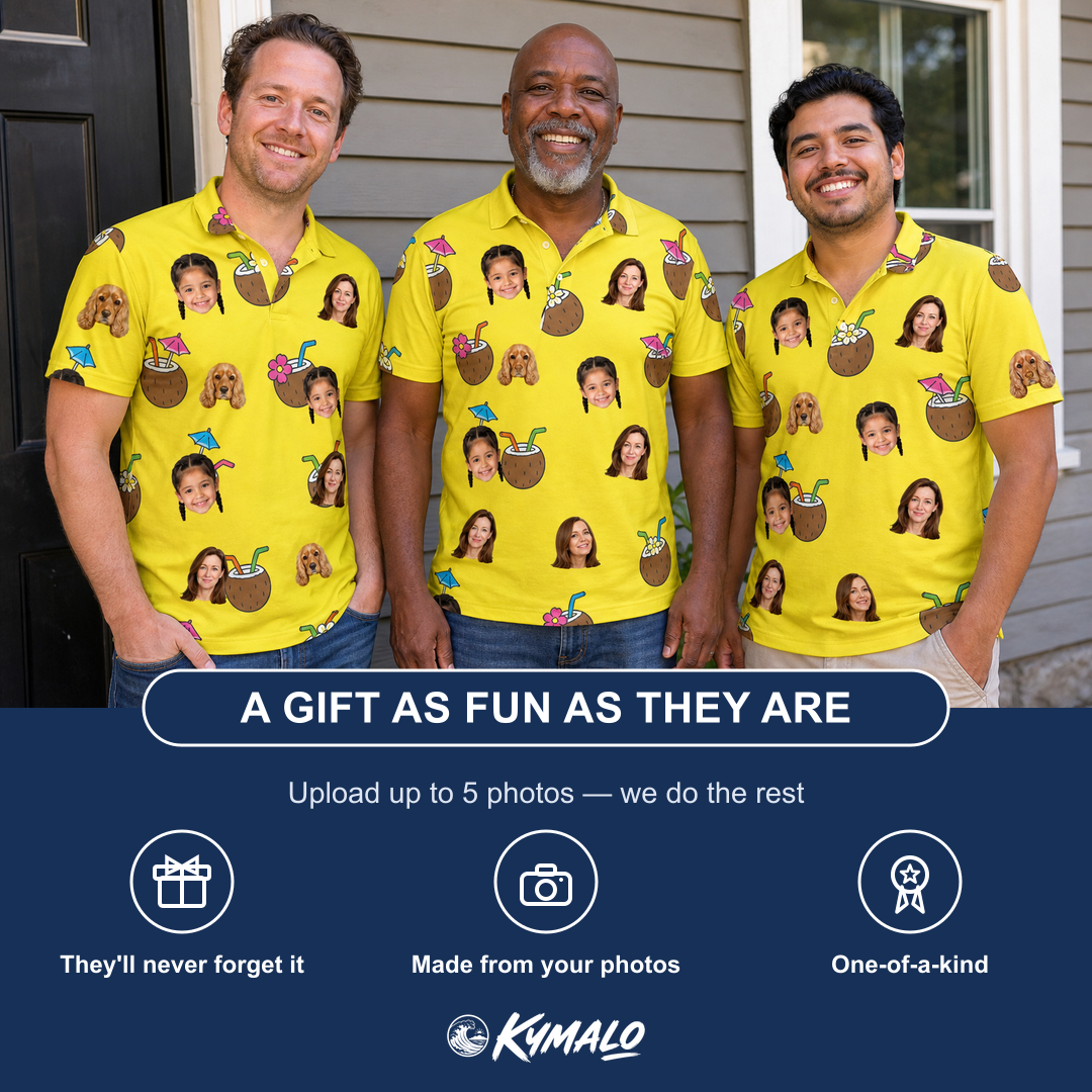 Friends in matching Men's Nutty Nectar Custom Face Polo Shirt — a group gift photo
