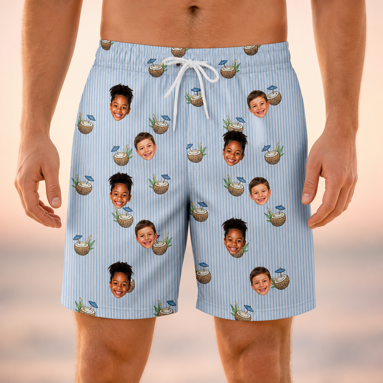 Model wearing Men's Rum Reverie Custom Face Beach Shorts printed with kids' faces
