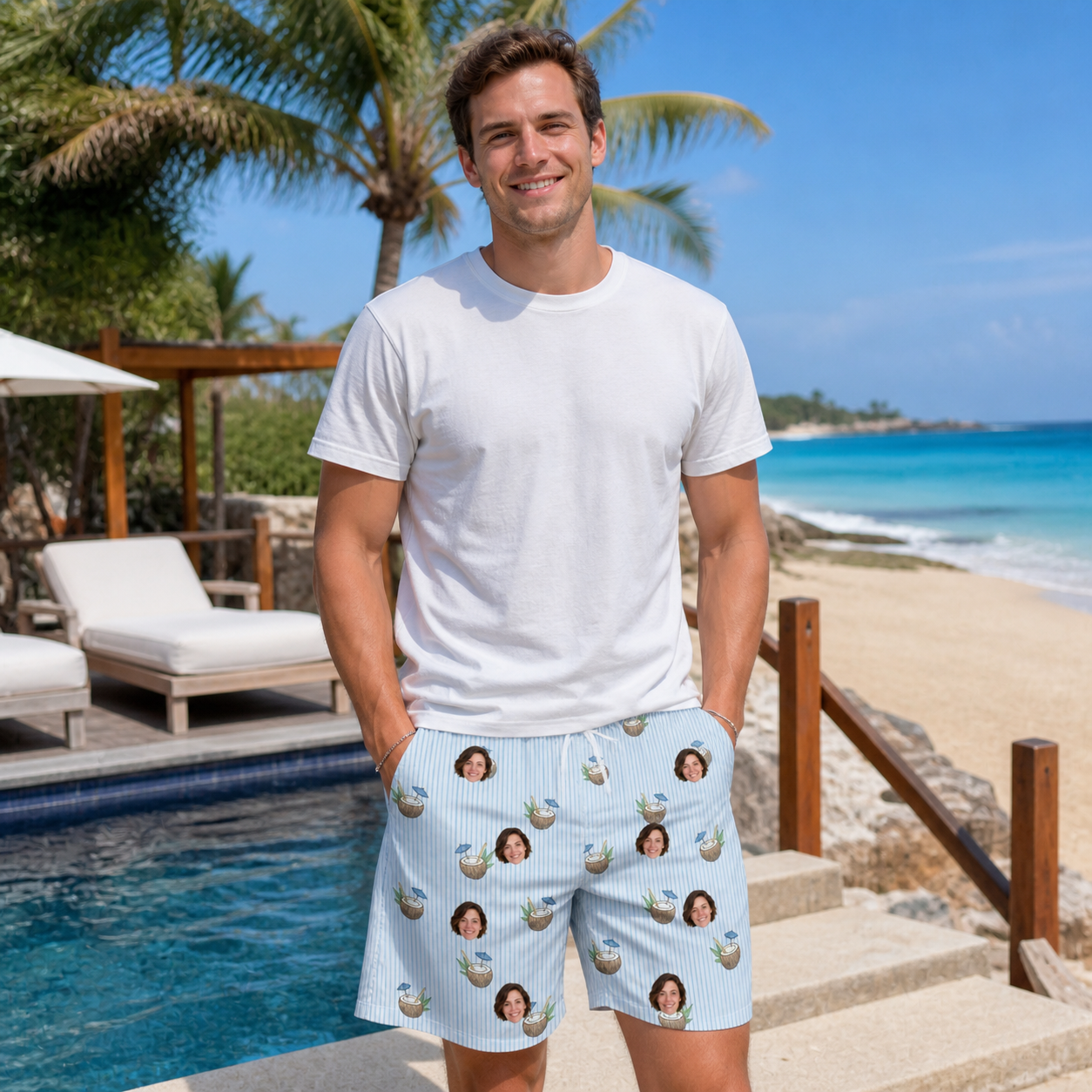 Real-life photo of someone wearing Men's Rum Reverie Custom Face Beach Shorts — custom faces printed all-over