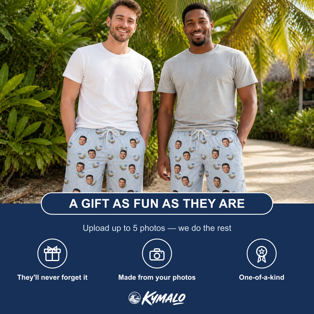 Friends in matching Men's Rum Reverie Custom Face Beach Shorts — a group gift photo