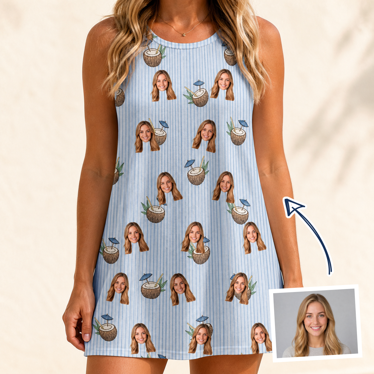 Woman wearing Women's Rum Reverie Custom Face Tank Dress — custom faces printed all-over
